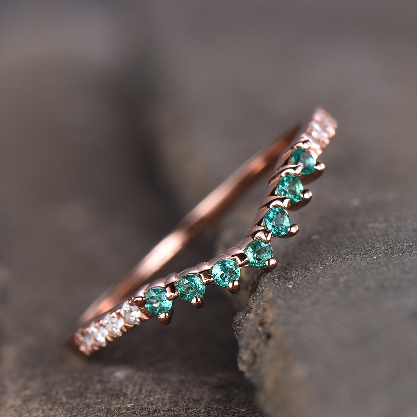 Dainty Emerald Ring May Birthstone Ring Emerald Silver Ring Curve Stacking Ring Gemstones Ring CZ Diamond Wedding Band Anniversary Gift