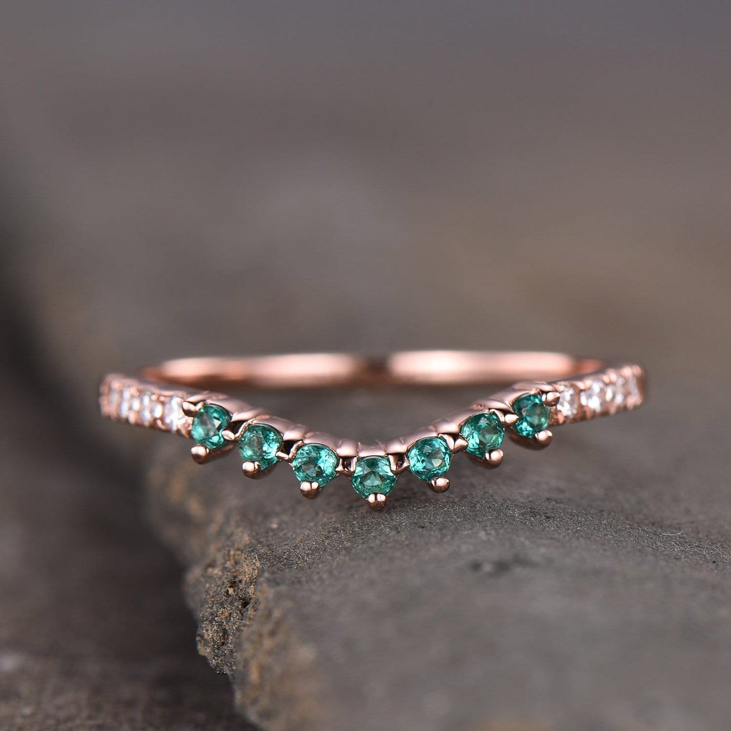 Dainty Emerald Ring May Birthstone Ring Emerald Silver Ring Curve Stacking Ring Gemstones Ring CZ Diamond Wedding Band Anniversary Gift