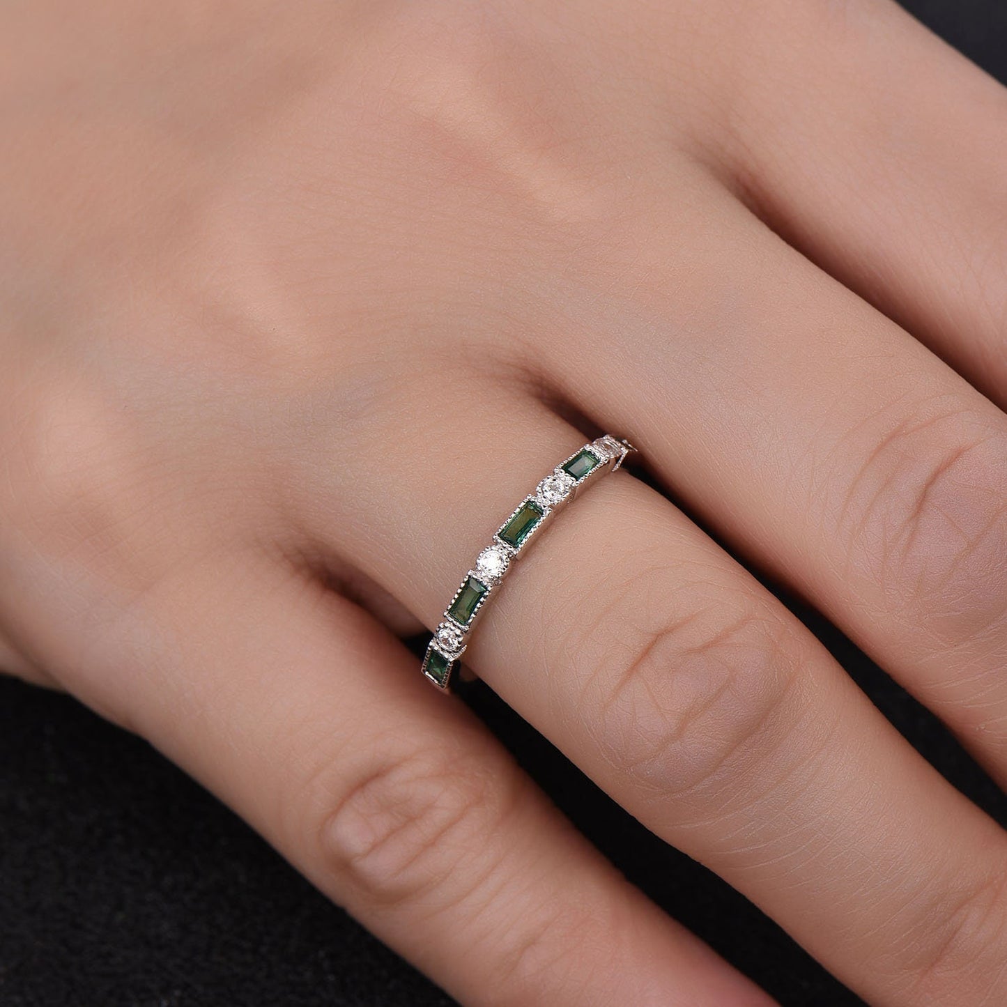 Emerald Wedding Band Half Eternity Band Art Deco Stacking Wedding Ring Anniversary Ring Sterling Silver Rose Gold Plated Milgrain
