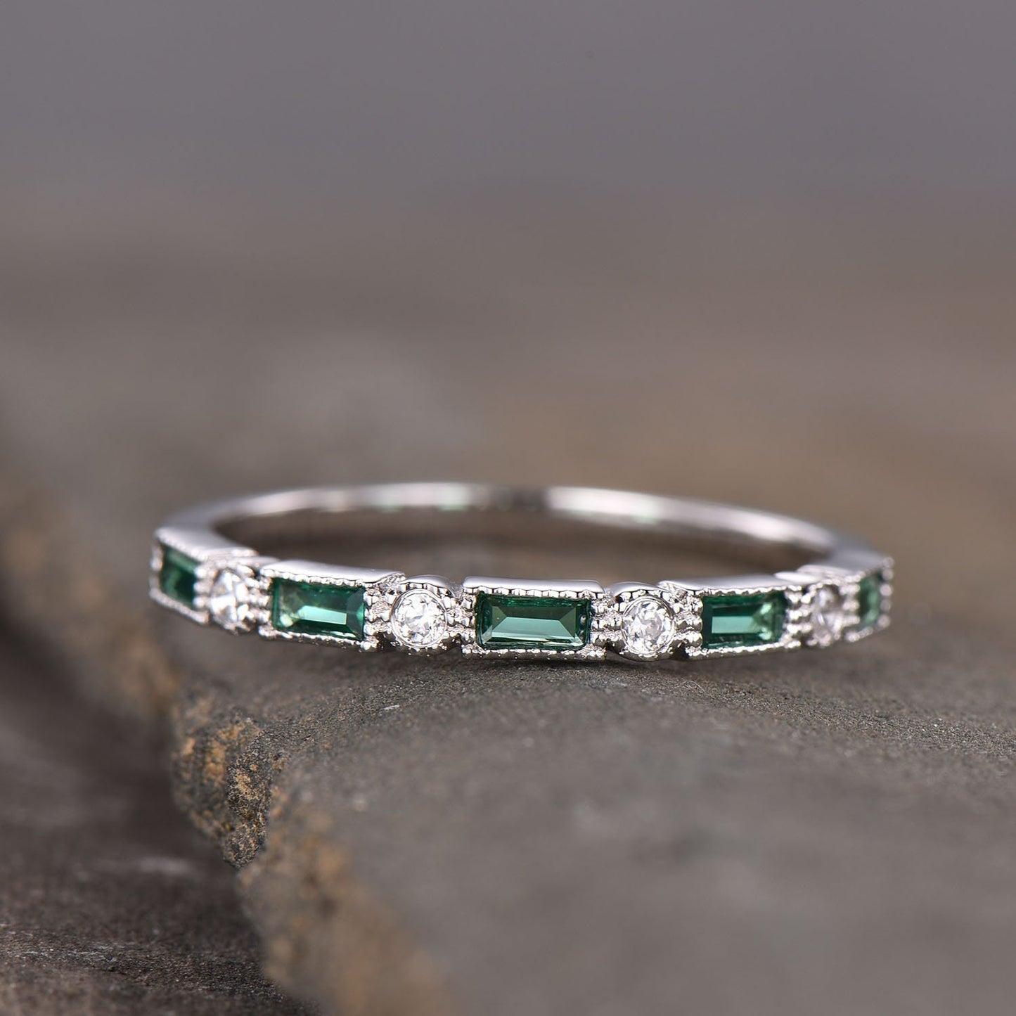 Emerald Wedding Band Half Eternity Band Art Deco Stacking Wedding Ring Anniversary Ring Sterling Silver Rose Gold Plated Milgrain