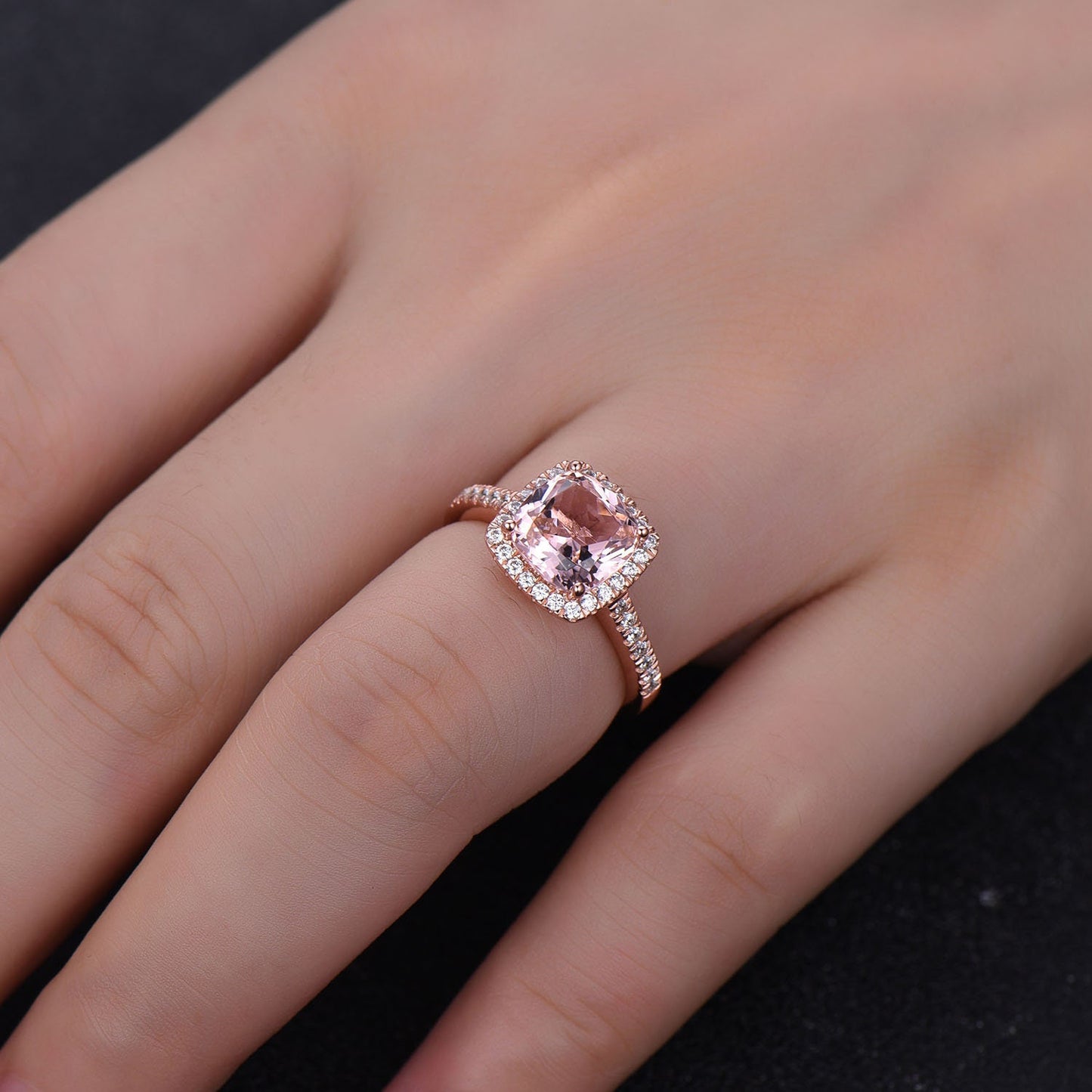 Pink Morganite Ring 8mm Cushion Morganite Engagement Ring Halo Ring Statement Ring Sterling Silver Ring 14K Rose Gold Ring Promise Ring