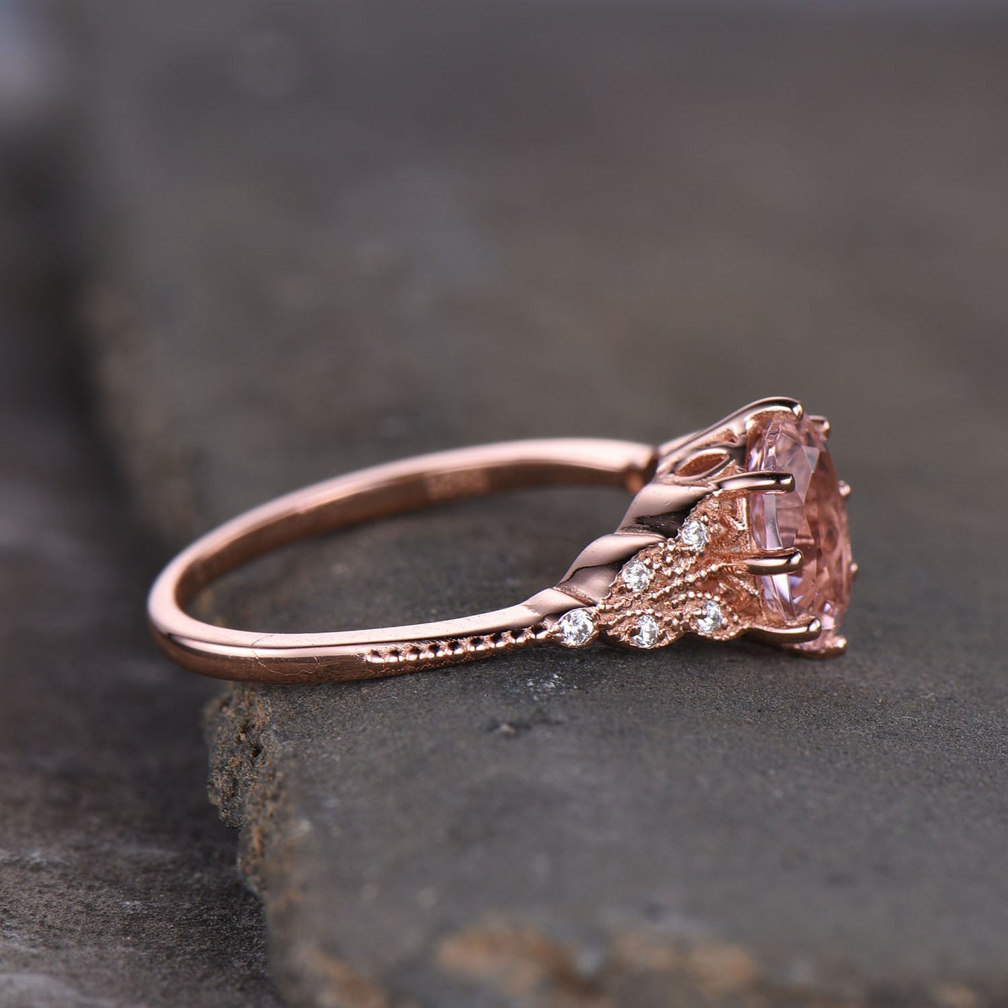 14K Rose Gold Morganite Engagement Ring Oval Morganite Ring Vintage Style Ring Art Deco Band Sterling Silver Ring Pink Gemstone Promise Ring