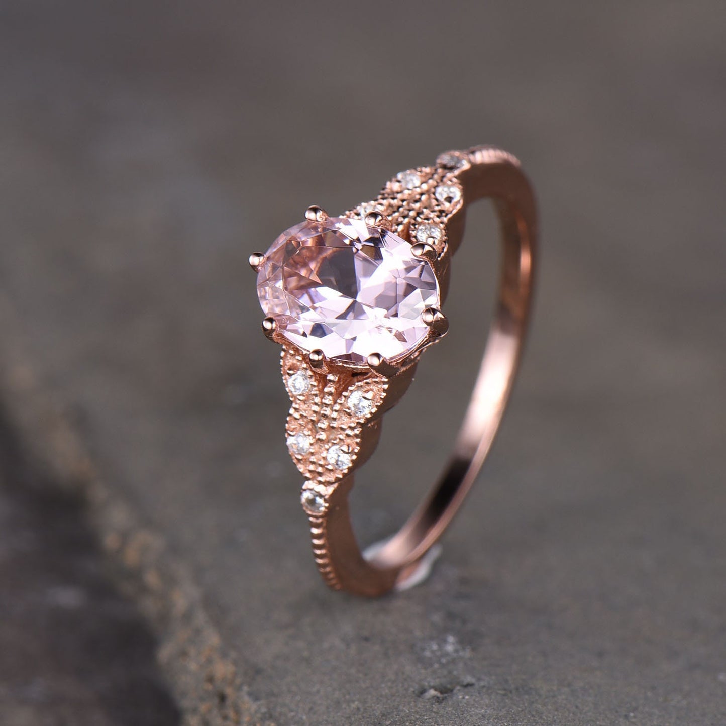 14K Rose Gold Morganite Engagement Ring Oval Morganite Ring Vintage Style Ring Art Deco Band Sterling Silver Ring Pink Gemstone Promise Ring