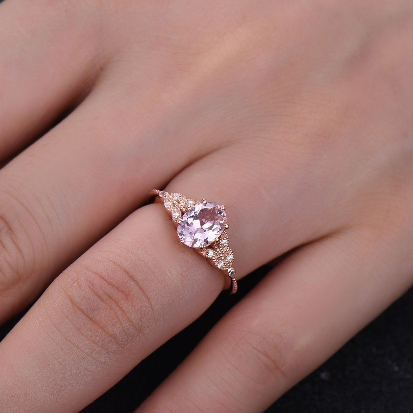 14K Rose Gold Morganite Engagement Ring Oval Morganite Ring Vintage Style Ring Art Deco Band Sterling Silver Ring Pink Gemstone Promise Ring