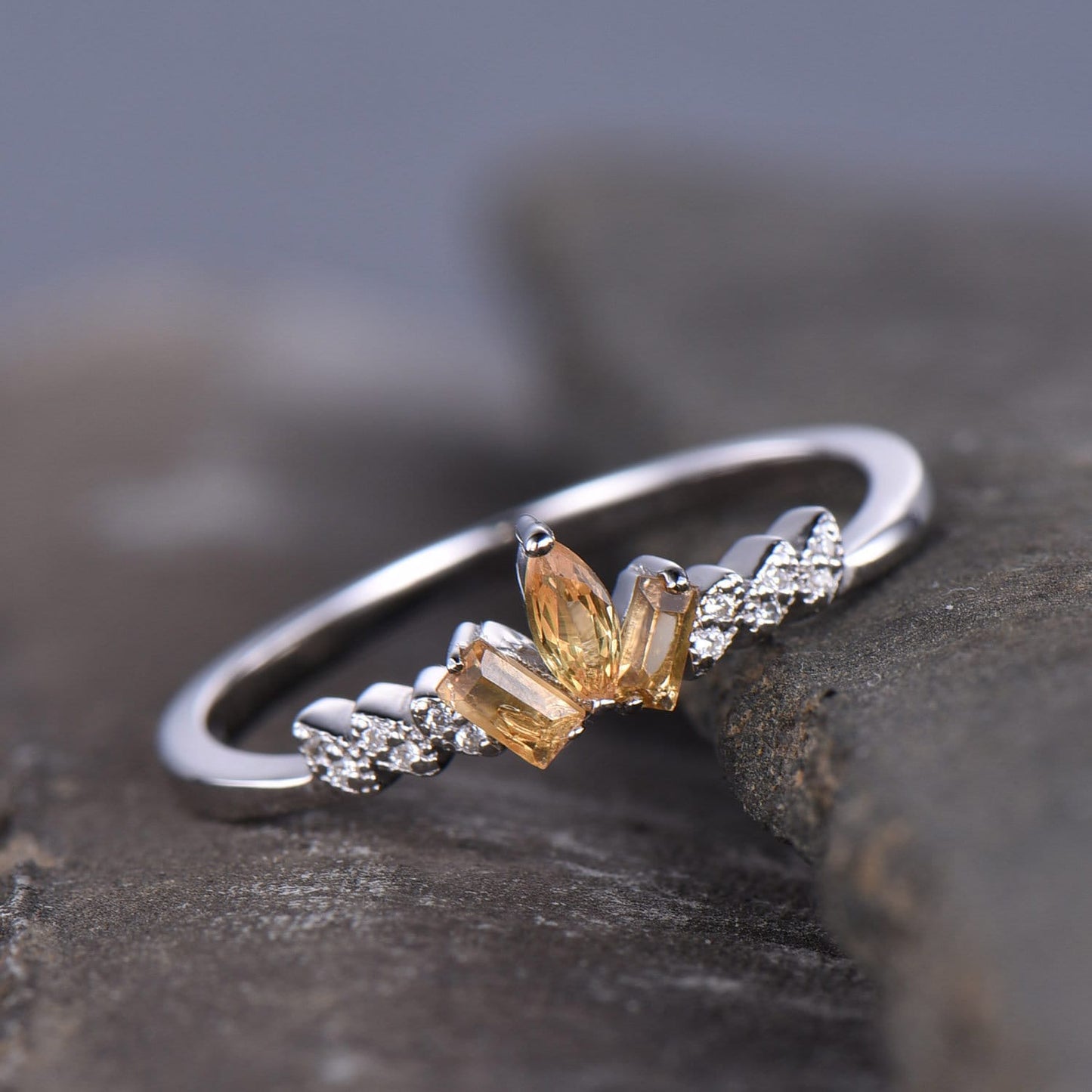Citrine Ring, Dainty Ring, Stacking Rings, Sterling Silver Rings, Art deco Style, Anniversary Gift, Delicate Ring