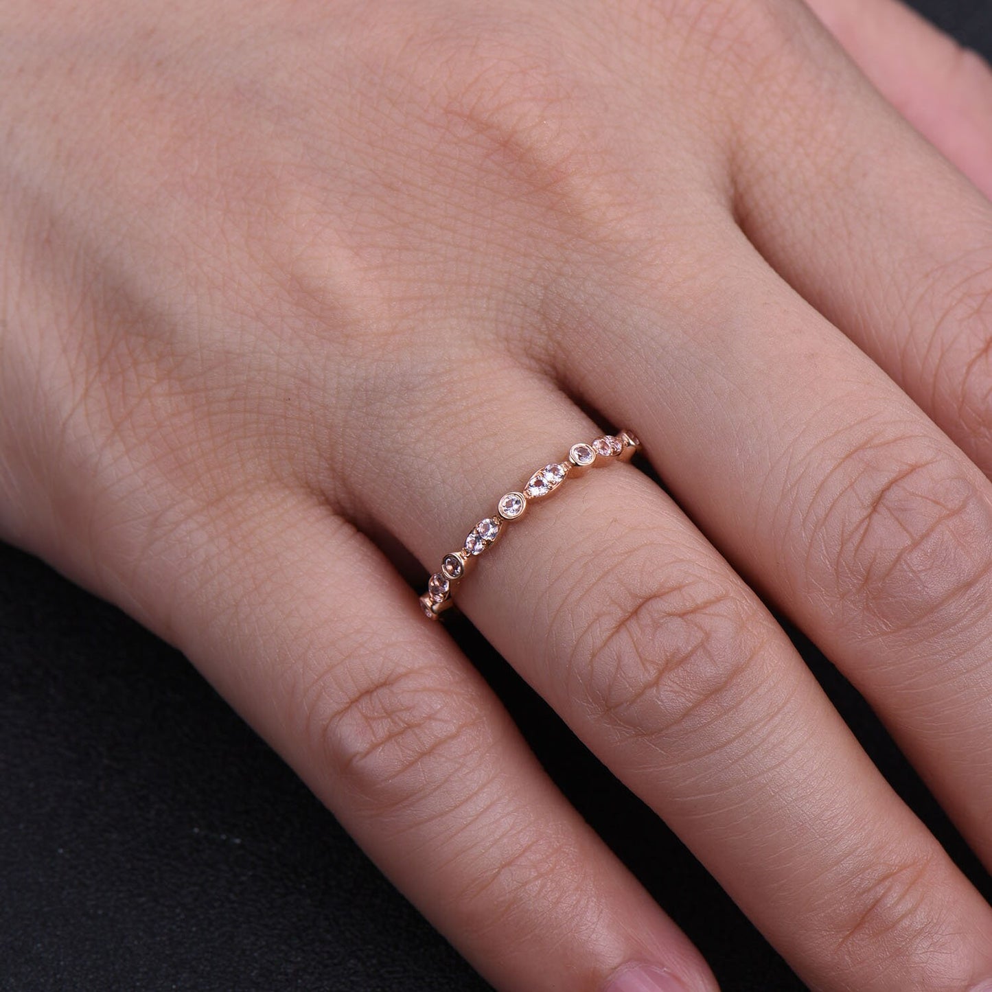 Morganite Ring, Gemstone Band, Thin Stacking Ring, Wedding Band Ring, Gold Ring, Delicate Ring, Art deco, Rose Gold Plated