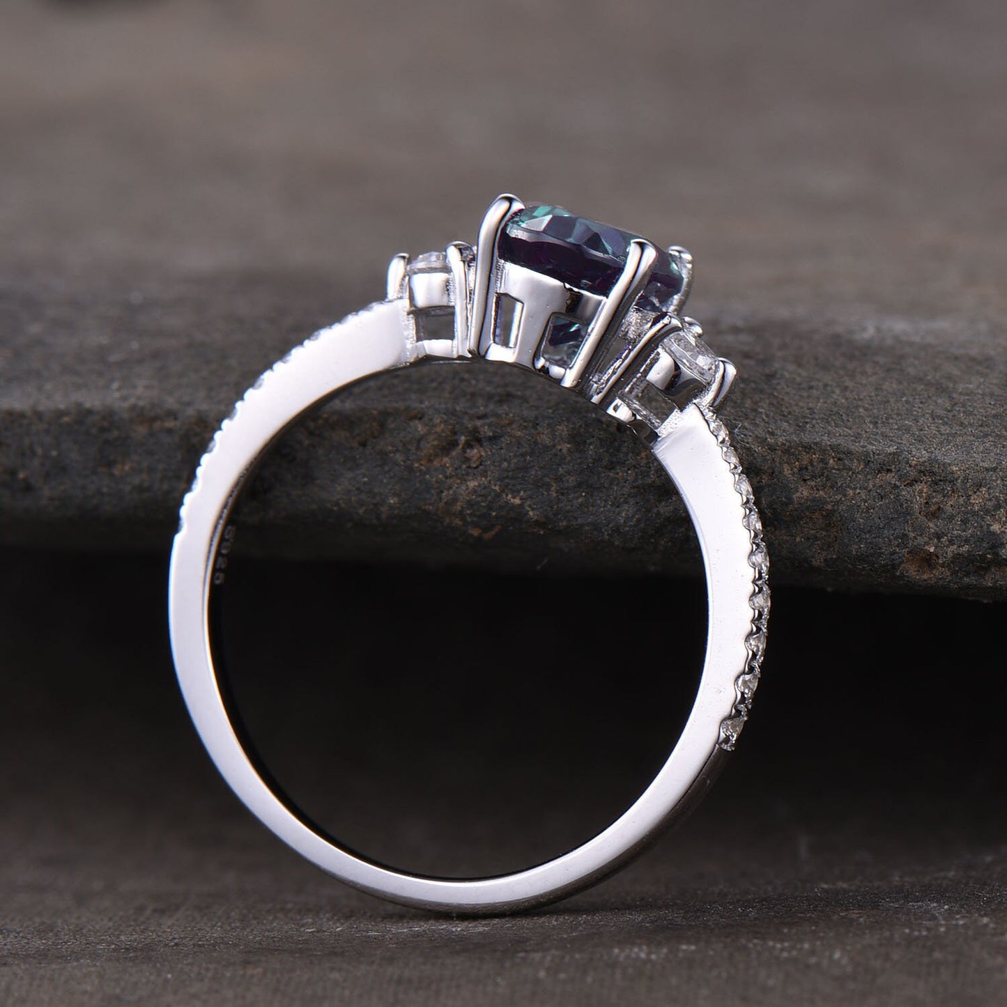 Alexandrite Ring, Oval Alexandrite Engagement Ring, Three Stone Design, June Birthstone Ring, Promise Ring, Anniversary Ring