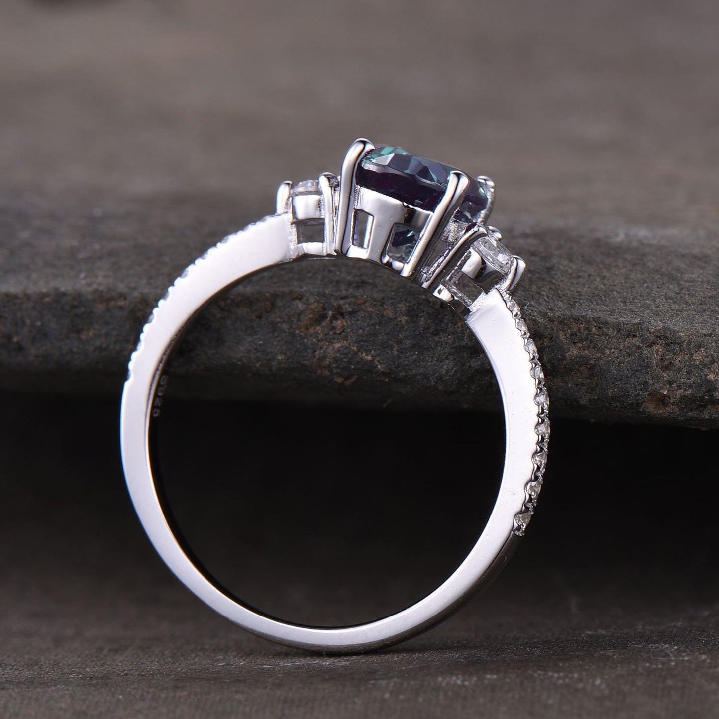 Oval Alexandrite Ring, Alexandrite Man Made Diamond Three Stone Engagement Ring, 14K Gold Ring, Alexandrite Engagement Ring, Silver Rings