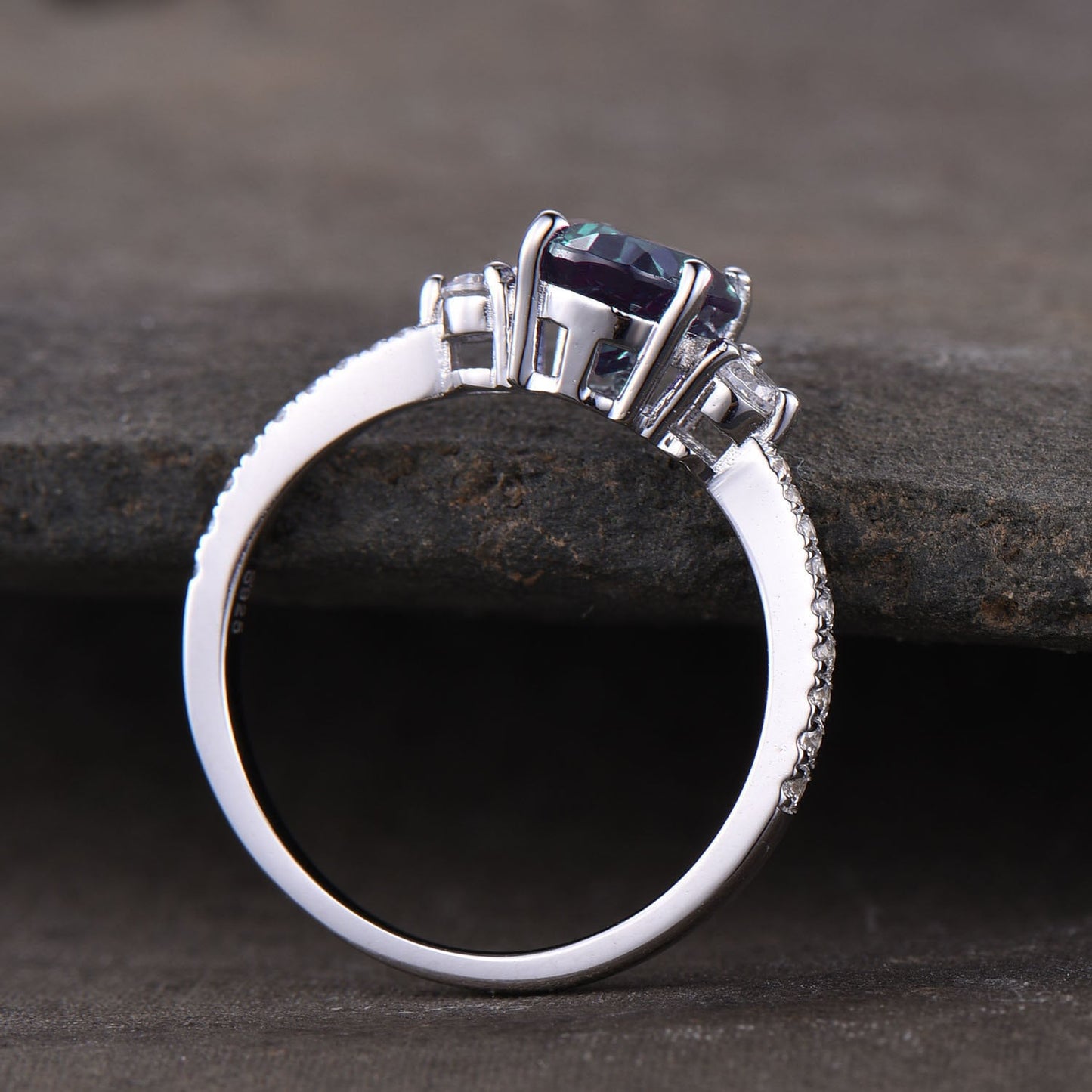 Blue Sandstone Engagement Ring Oval Cut Vintage Galaxy Three Stone Ring 925 Sterling Silver Ring Unique Diamond Promise Ring For Women