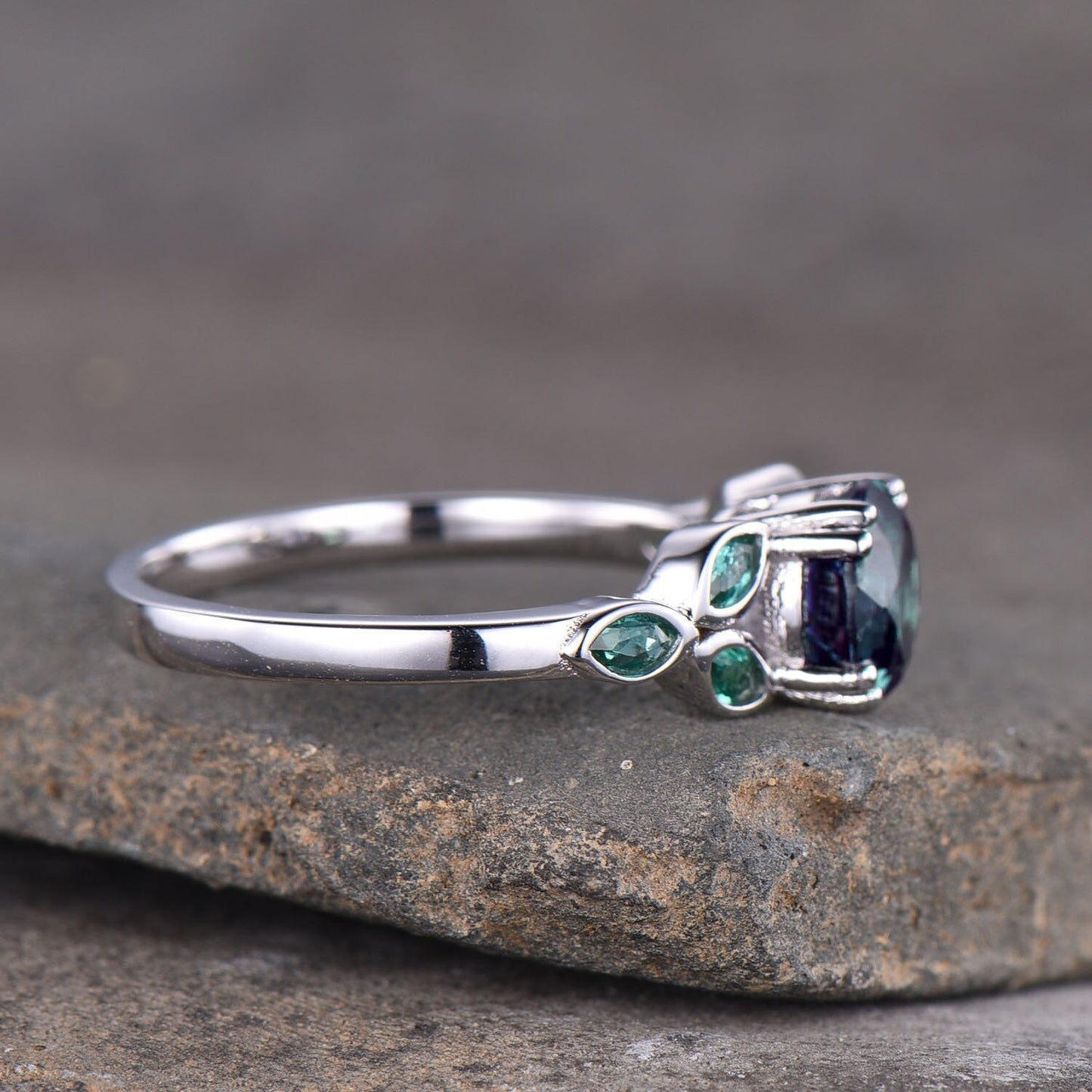 Alexandrite Ring, Round Cut Engagement Ring, Color Changing Ring, June Birthstone, Emerald Side Stone, Promise Ring, Sterling Silver