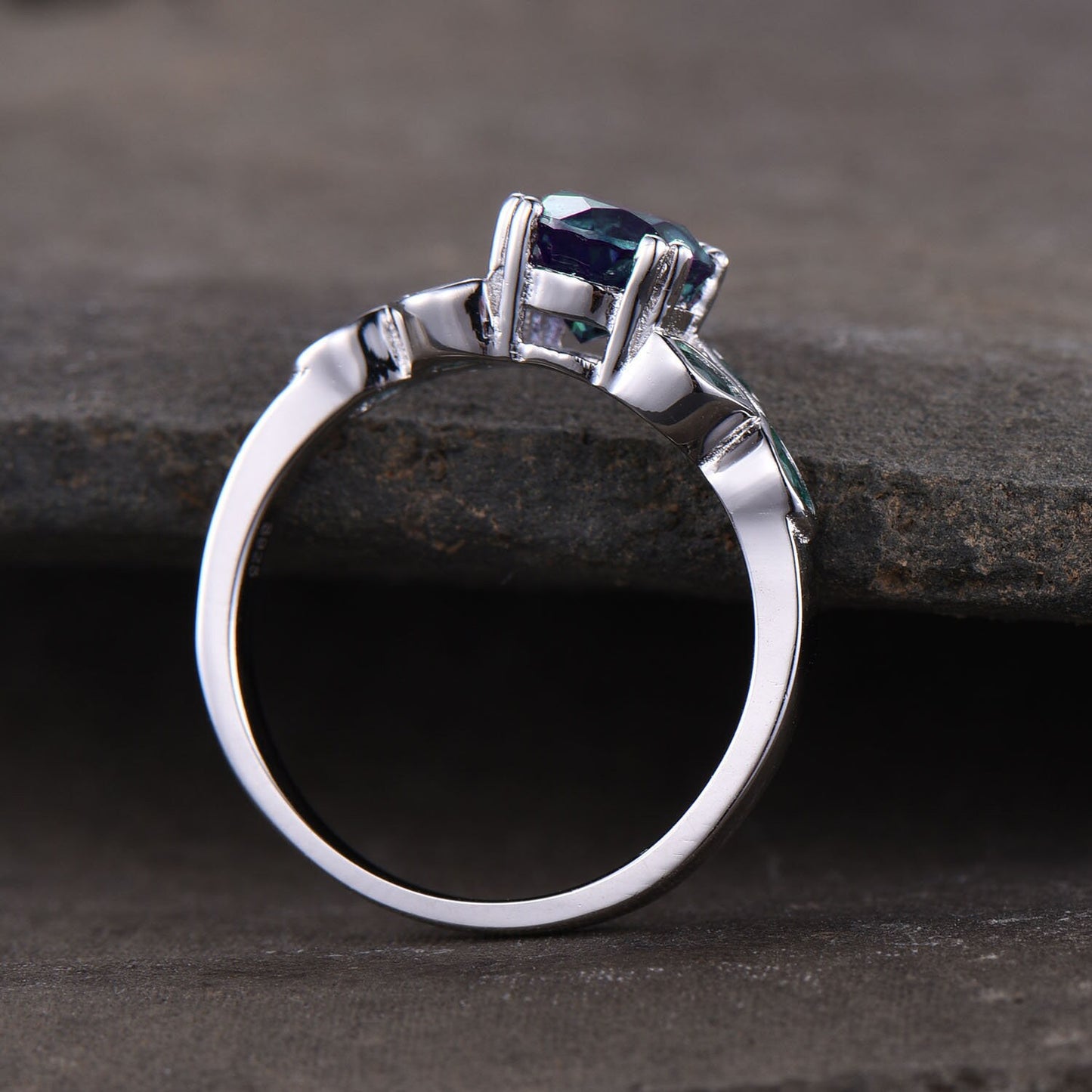 Alexandrite Ring, Round Cut Engagement Ring, Color Changing Ring, June Birthstone, Emerald Side Stone, Promise Ring, Sterling Silver