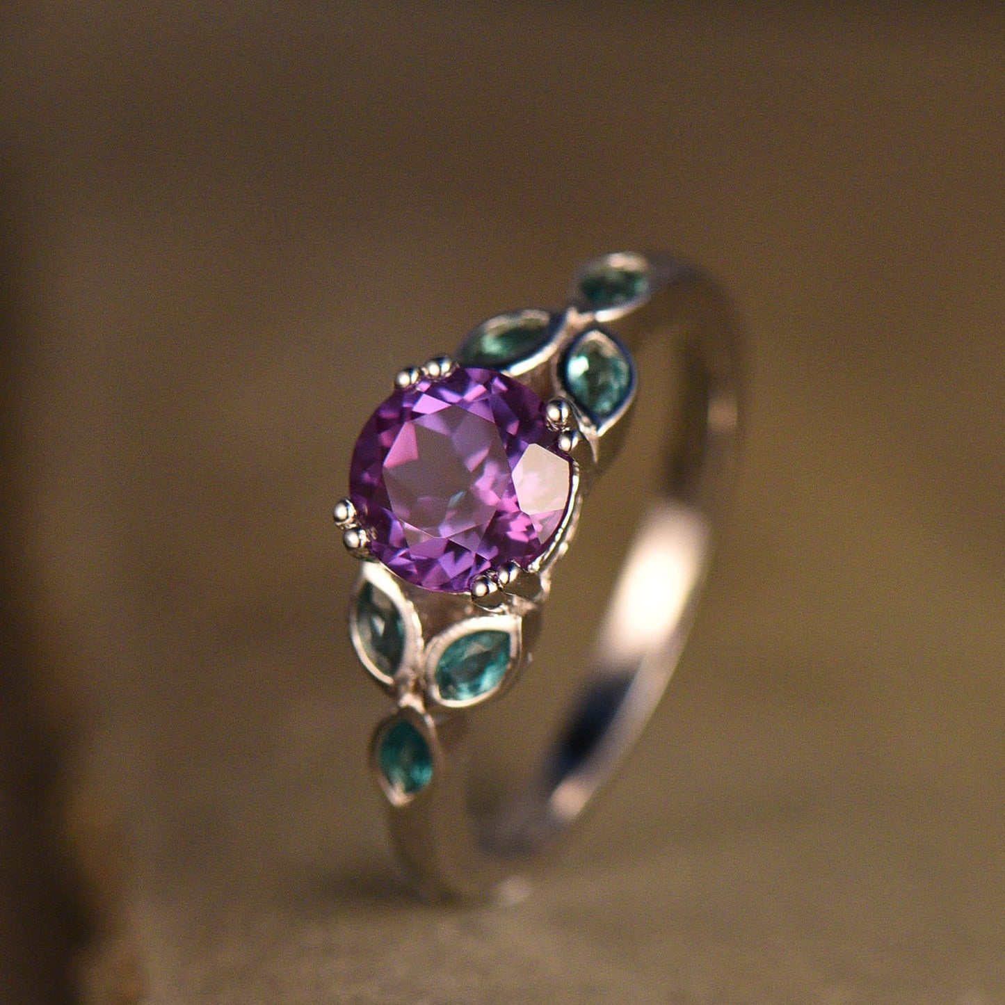 Alexandrite Ring, Round Cut Engagement Ring, Color Changing Ring, June Birthstone, Emerald Side Stone, Promise Ring, Sterling Silver