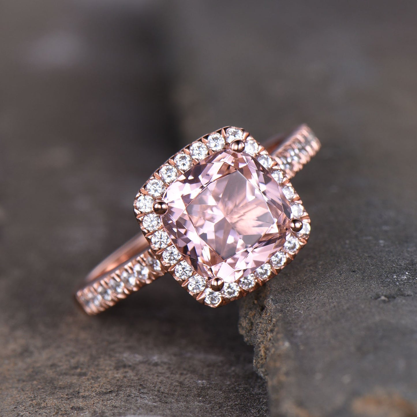 Pink Morganite Ring 8mm Cushion Morganite Engagement Ring Halo Ring Statement Ring Sterling Silver Ring 14K Rose Gold Ring Promise Ring