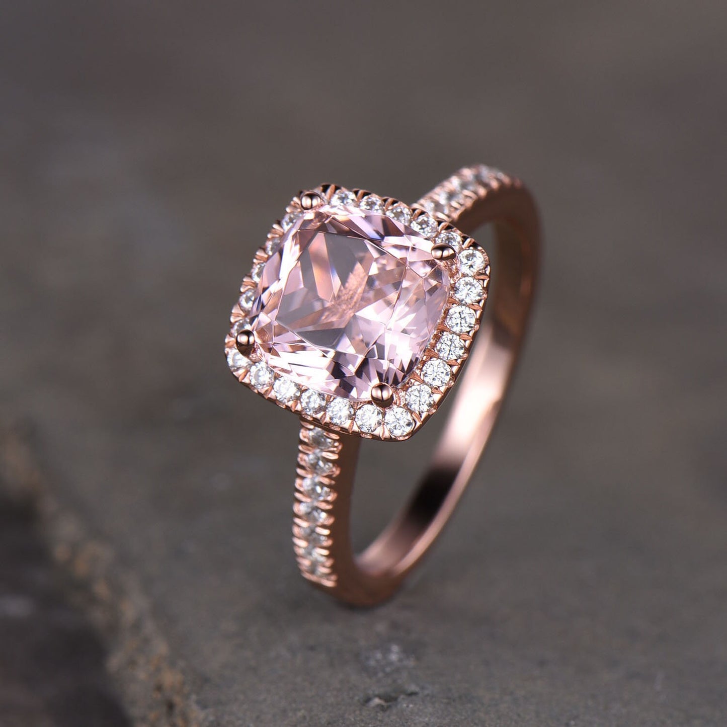 Pink Morganite Ring 8mm Cushion Morganite Engagement Ring Halo Ring Statement Ring Sterling Silver Ring 14K Rose Gold Ring Promise Ring