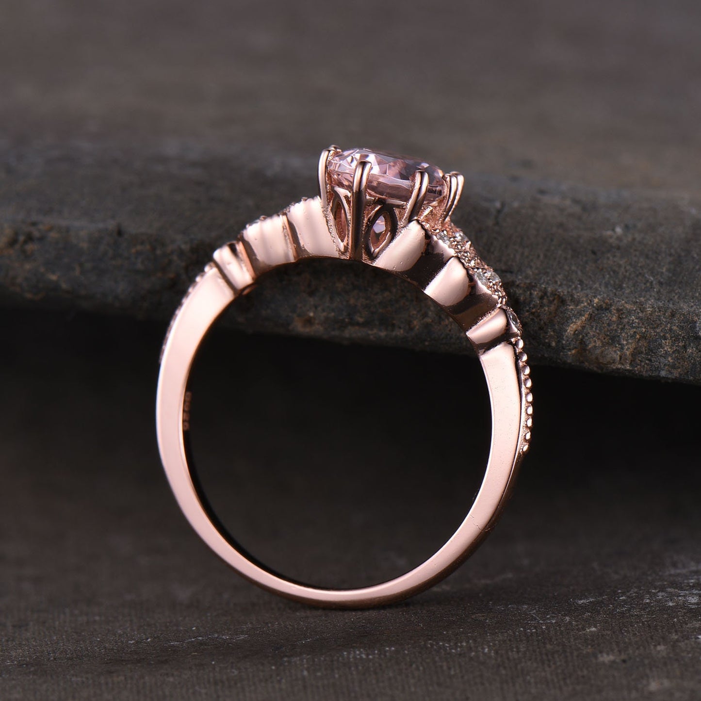 14K Rose Gold Morganite Engagement Ring Oval Morganite Ring Vintage Style Ring Art Deco Band Sterling Silver Ring Pink Gemstone Promise Ring