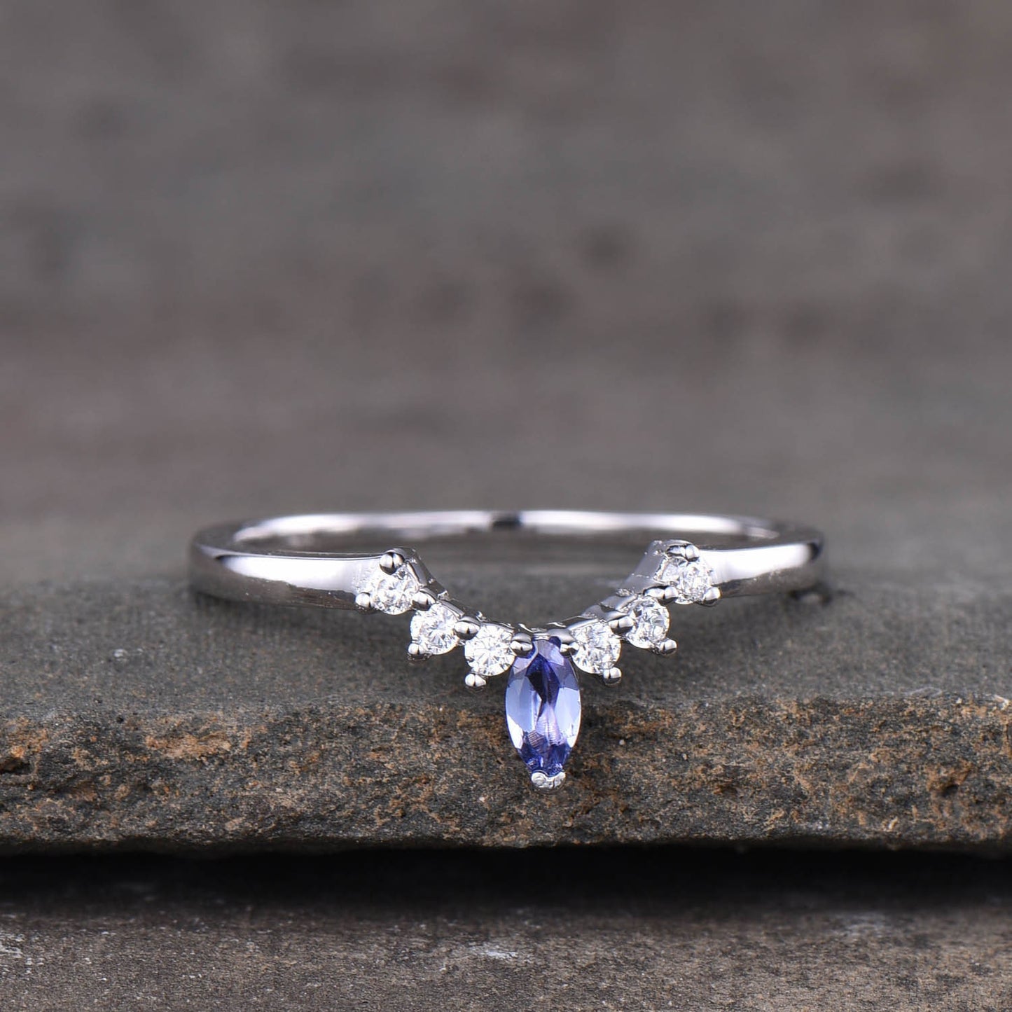 Tanzanite Ring, Sterling Silver Tanzanite Wedding Ring, Stacking Rings, Crown Curved Matching Band, Wedding Ring, Gold Ring, Stackable