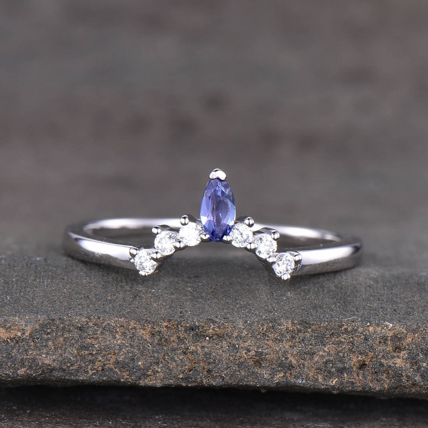 Tanzanite Ring, Sterling Silver Tanzanite Wedding Ring, Stacking Rings, Crown Curved Matching Band, Wedding Ring, Gold Ring, Stackable