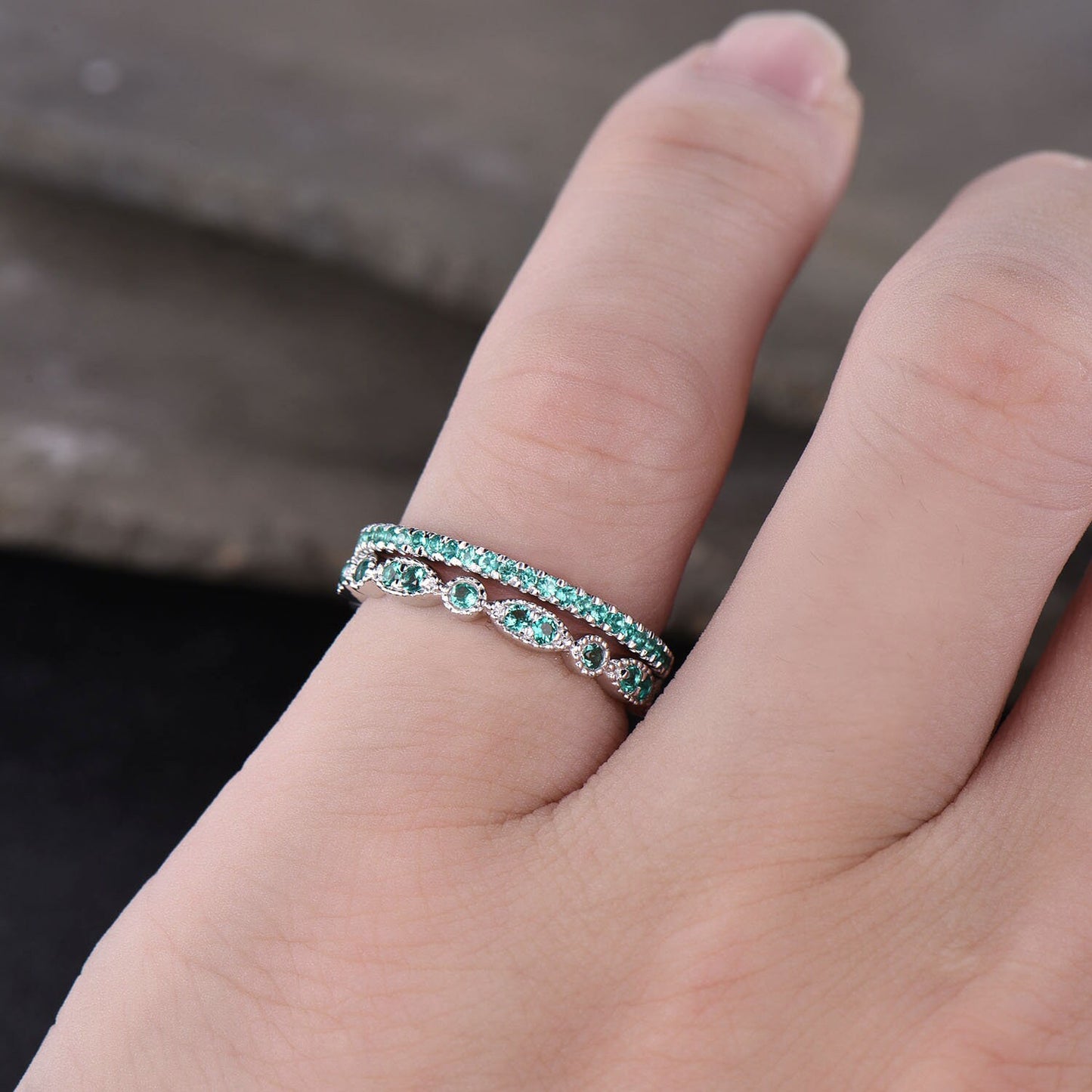 Emerald Wedding Set, Dainty Emerald Ring, Stacking Rings, 925 Sterling Silver, Emerald Gold Rings, Art deco, Anniversary Gift, Delicate