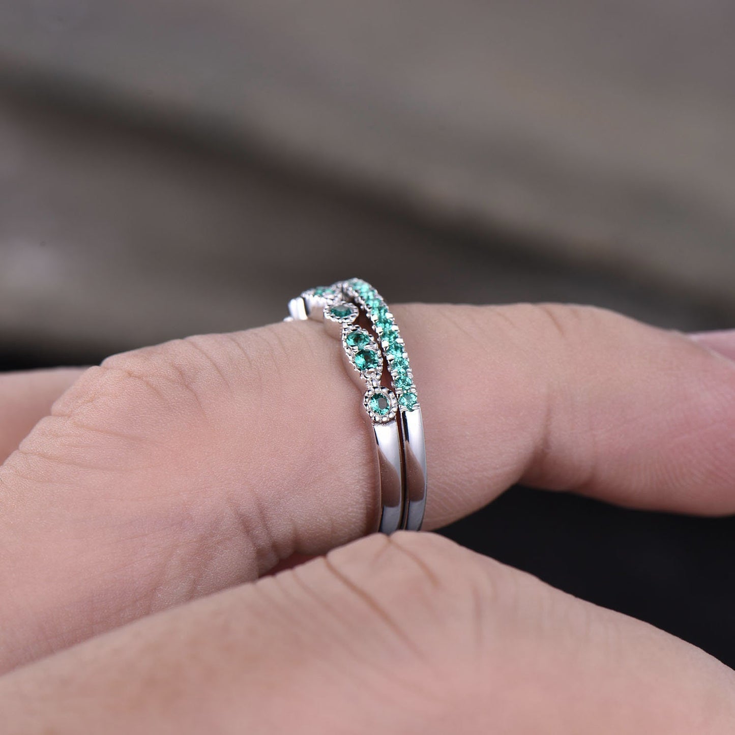 Emerald Wedding Set, Dainty Emerald Ring, Stacking Rings, 925 Sterling Silver, Emerald Gold Rings, Art deco, Anniversary Gift, Delicate