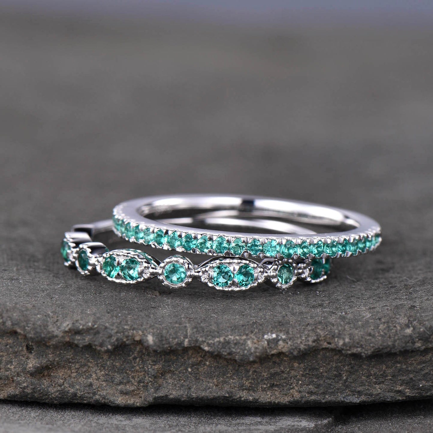 Emerald Wedding Set, Dainty Emerald Ring, Stacking Rings, 925 Sterling Silver, Emerald Gold Rings, Art deco, Anniversary Gift, Delicate