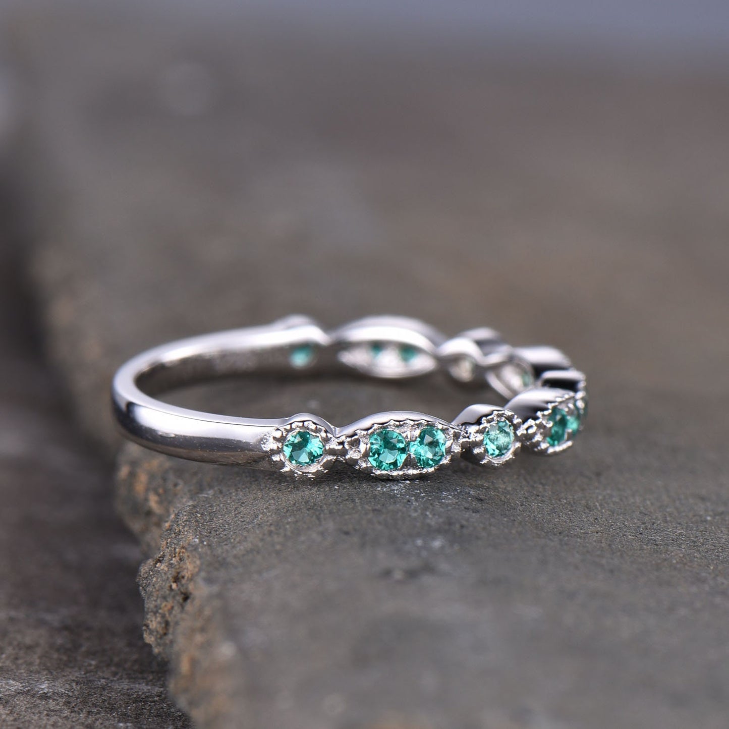 Emerald Wedding Set, Dainty Emerald Ring, Stacking Rings, 925 Sterling Silver, Emerald Gold Rings, Art deco, Anniversary Gift, Delicate