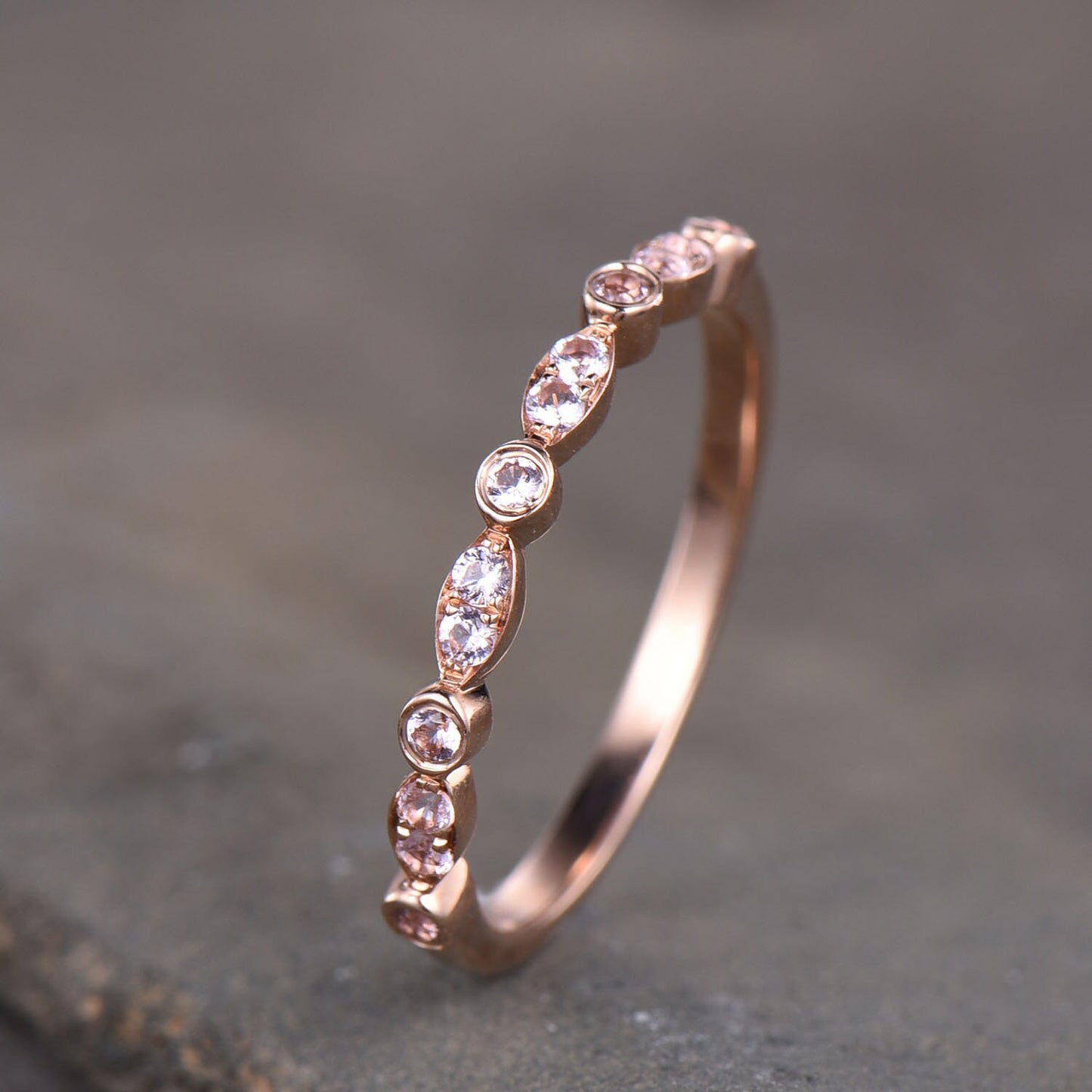 Morganite Ring, Gemstone Band, Thin Stacking Ring, Wedding Band Ring, Gold Ring, Delicate Ring, Art deco, Rose Gold Plated