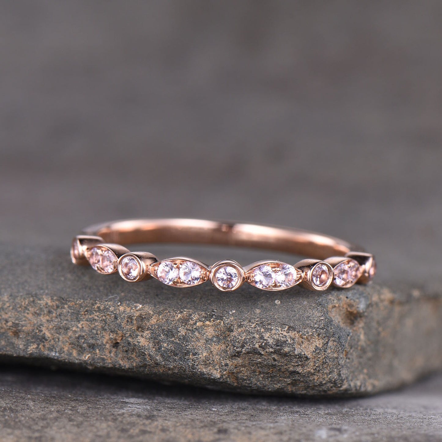 Morganite Ring, Gemstone Band, Thin Stacking Ring, Wedding Band Ring, Gold Ring, Delicate Ring, Art deco, Rose Gold Plated