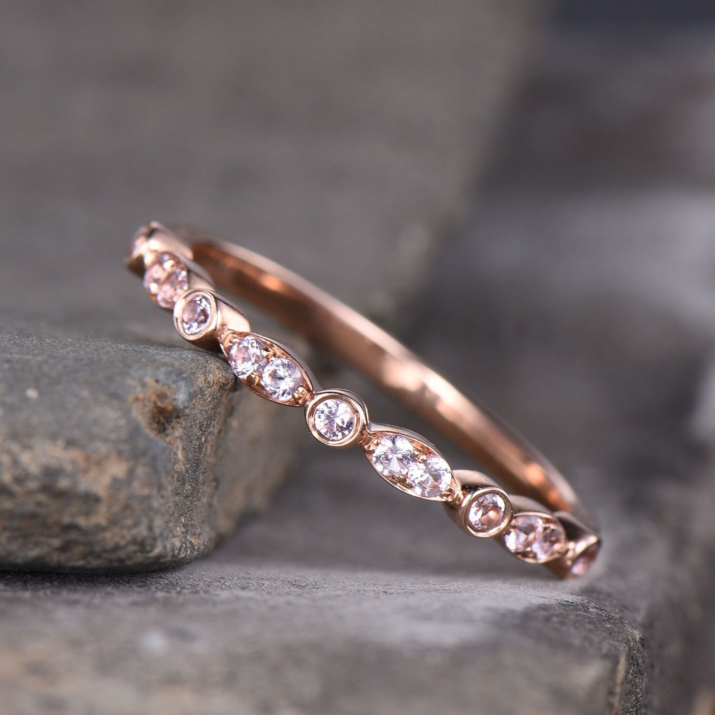 Morganite Ring, Gemstone Band, Thin Stacking Ring, Wedding Band Ring, Gold Ring, Delicate Ring, Art deco, Rose Gold Plated