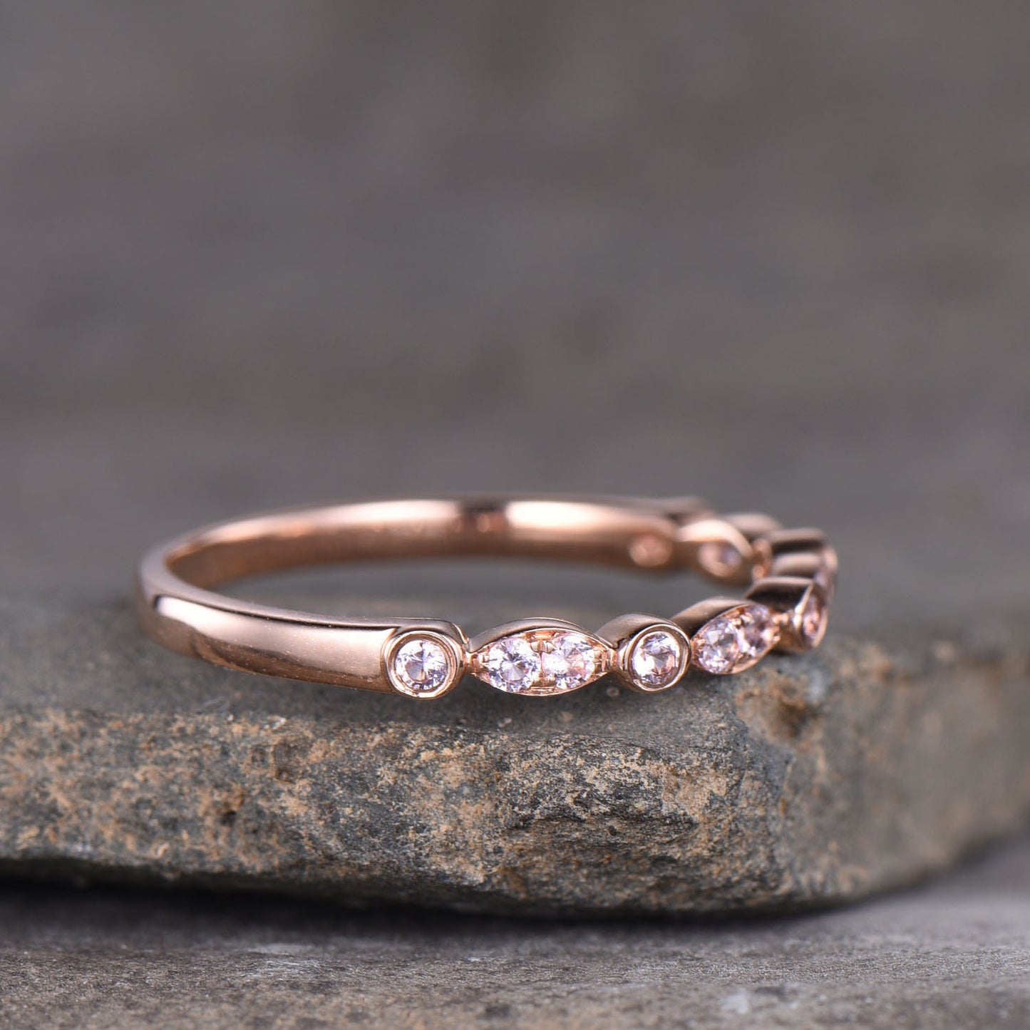 Morganite Ring, Gemstone Band, Thin Stacking Ring, Wedding Band Ring, Gold Ring, Delicate Ring, Art deco, Rose Gold Plated
