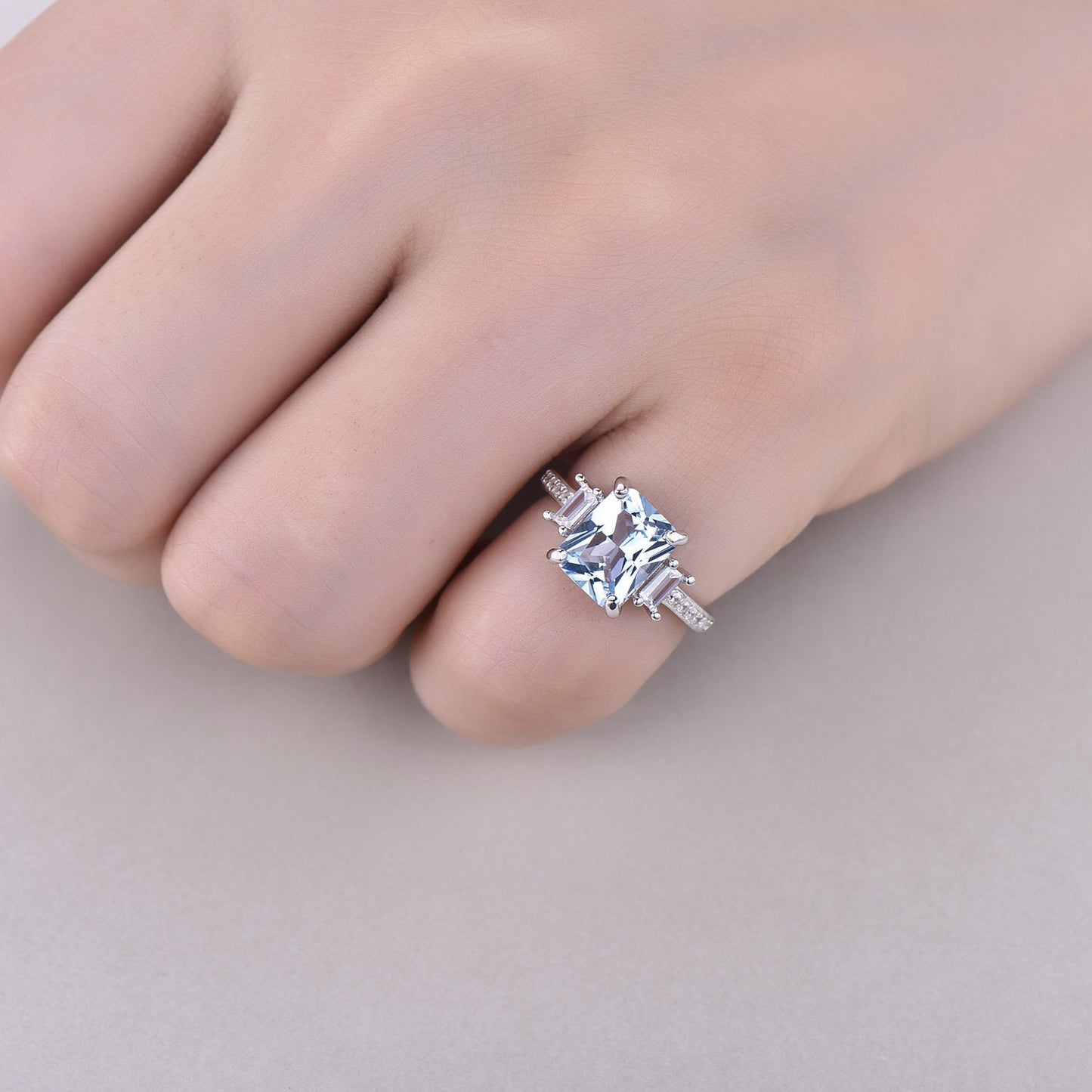 White Gold aquamarine ring sterling silver 925 CZ diamond engagement ring March birthstone sky blue aquamarine birthday gift for her