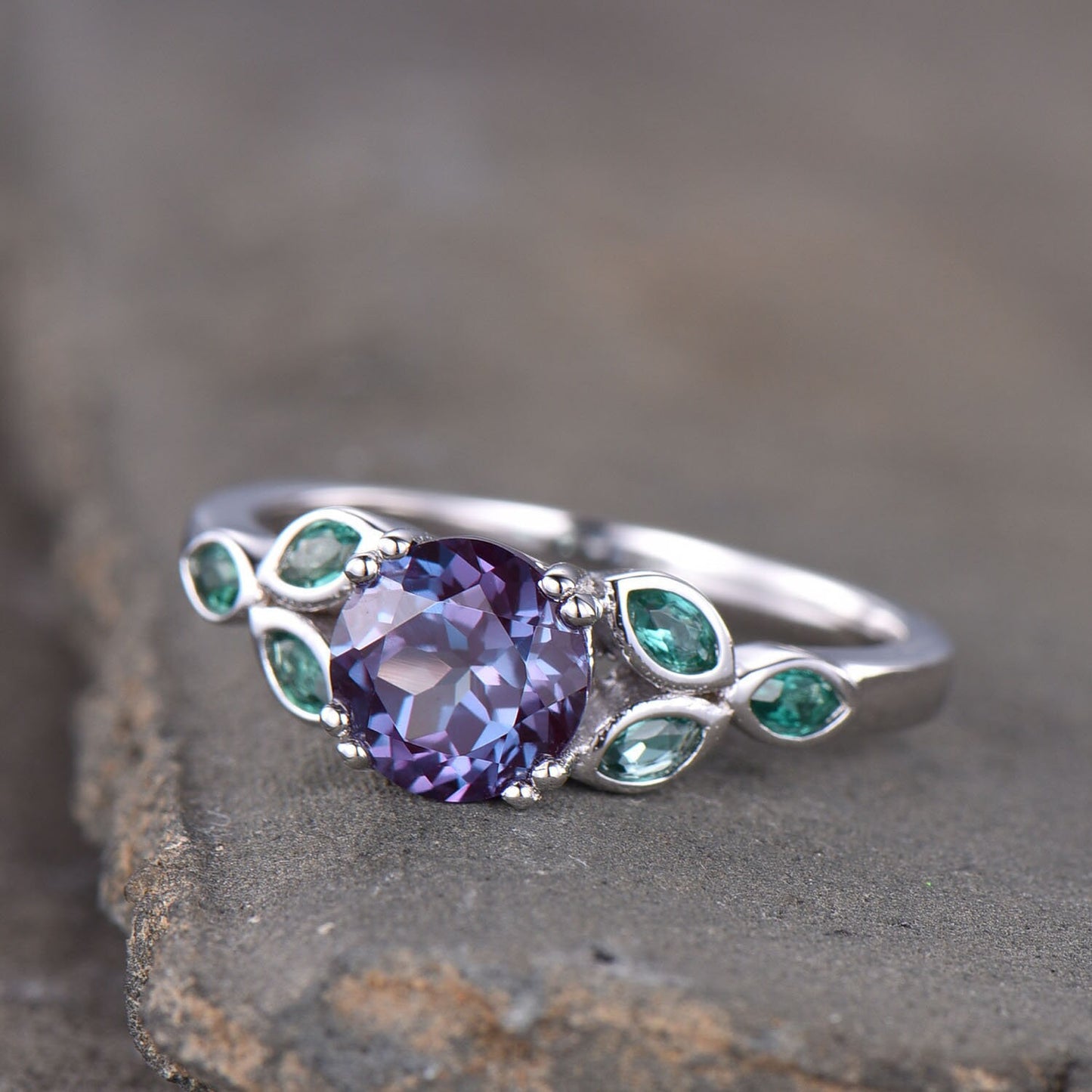 Alexandrite Ring, Round Cut Engagement Ring, Color Changing Ring, June Birthstone, Emerald Side Stone, Promise Ring, Sterling Silver