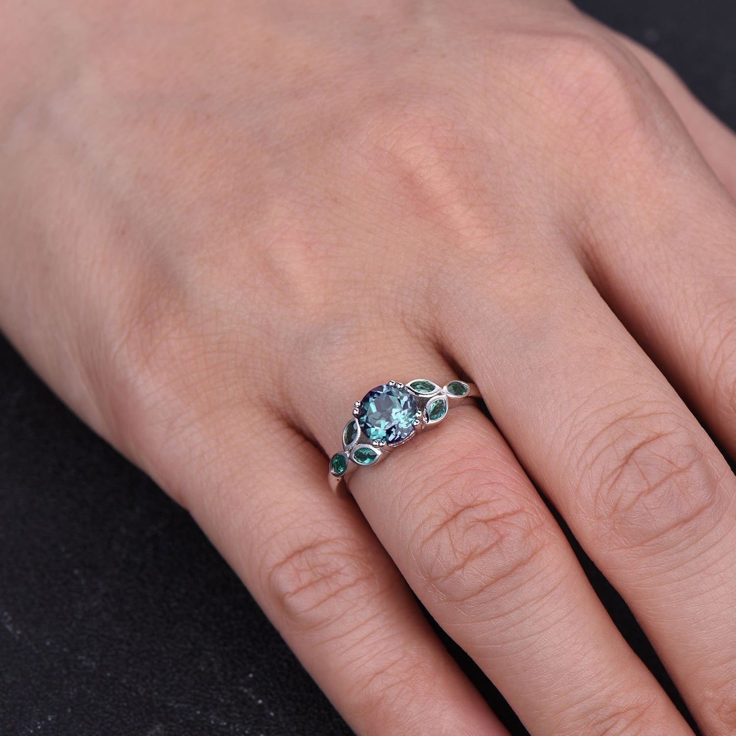 Alexandrite Ring, Round Cut Engagement Ring, Color Changing Ring, June Birthstone, Emerald Side Stone, Promise Ring, Sterling Silver
