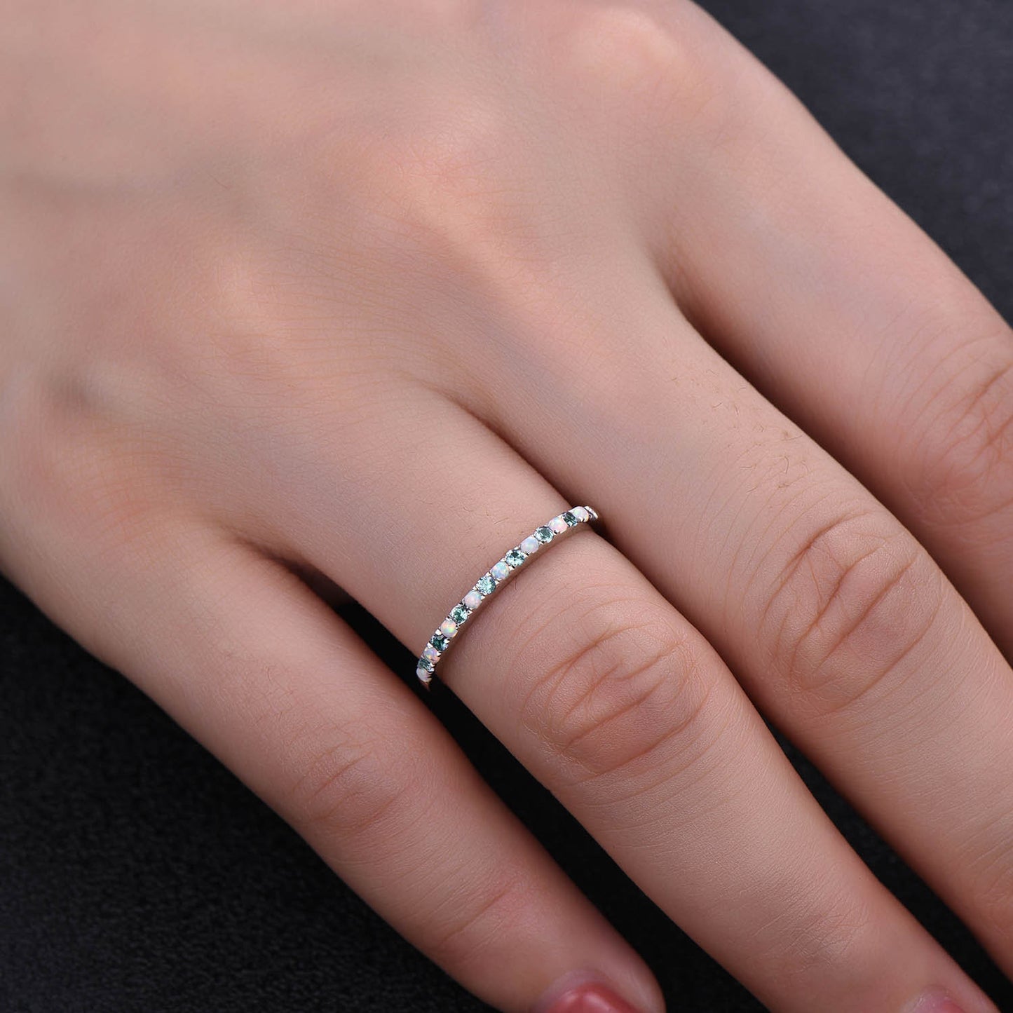 Dainty Opal Alexandrite Ring - Opal Stackable Wedding Band - 925 Sterling Silver - Minimalist Birthstone Ring - Stacking Ring - Gold Ring