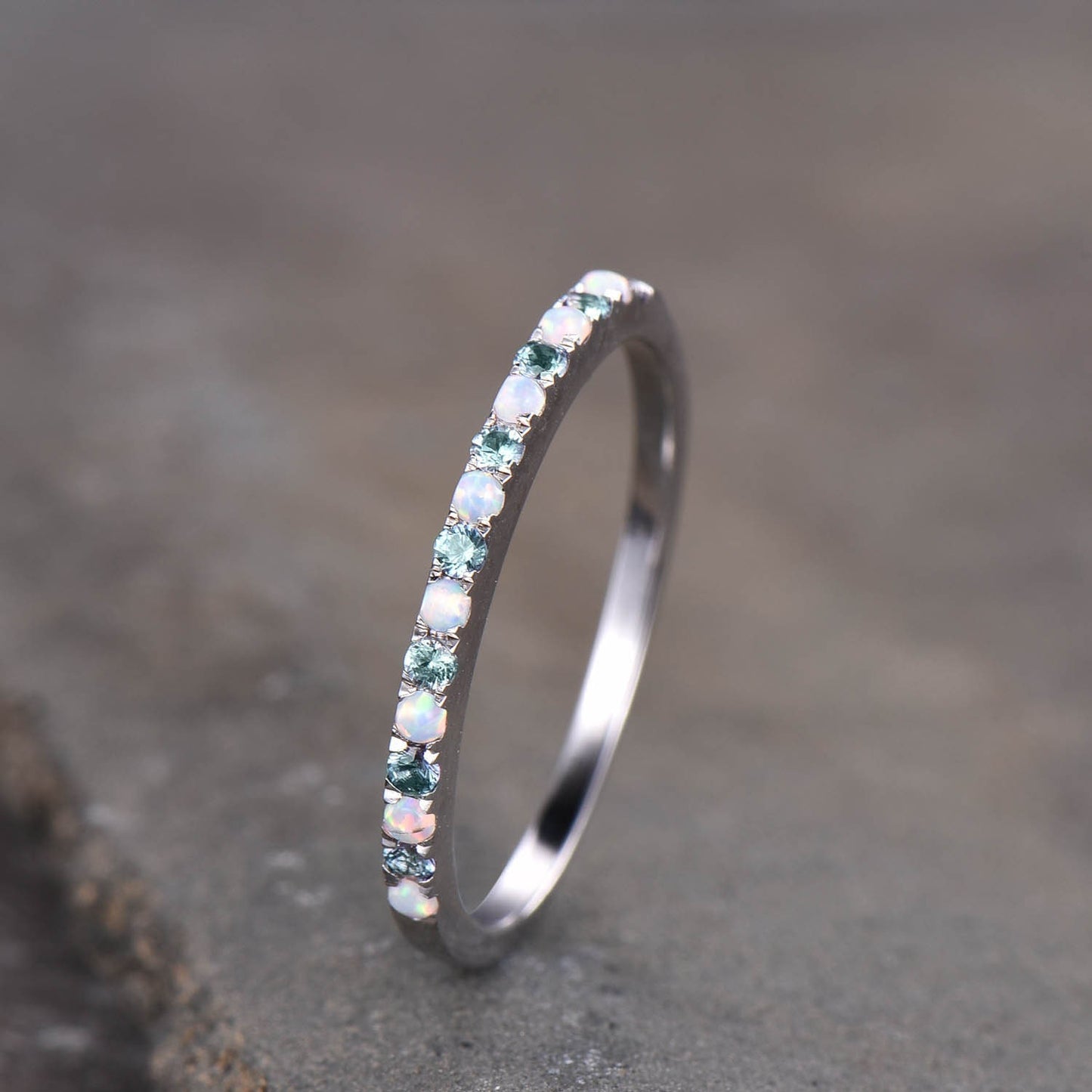 Dainty Opal Alexandrite Ring - Opal Stackable Wedding Band - 925 Sterling Silver - Minimalist Birthstone Ring - Stacking Ring - Gold Ring