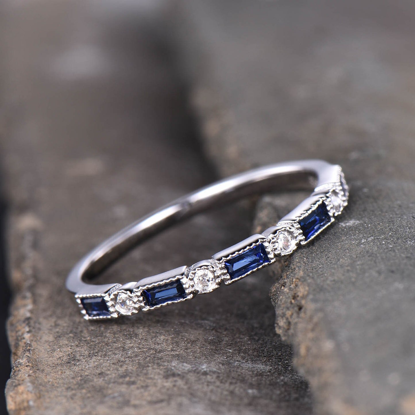 Sapphire Ring, Baguette Sapphire Wedding Ring, September Birthstone Ring, Minimalist Ring, Stacking Ring, Silver Vintage Ring, White Gold