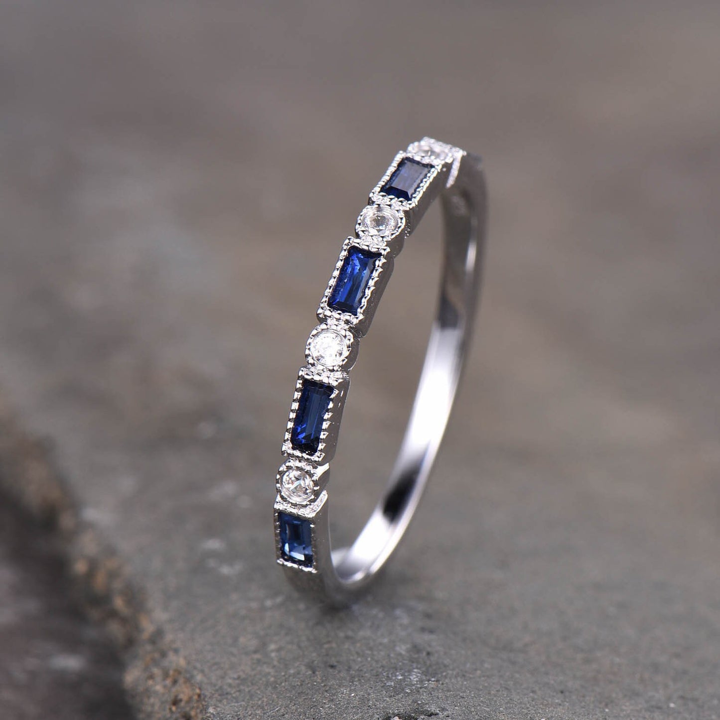 Sapphire Ring, Baguette Sapphire Wedding Ring, September Birthstone Ring, Minimalist Ring, Stacking Ring, Silver Vintage Ring, White Gold