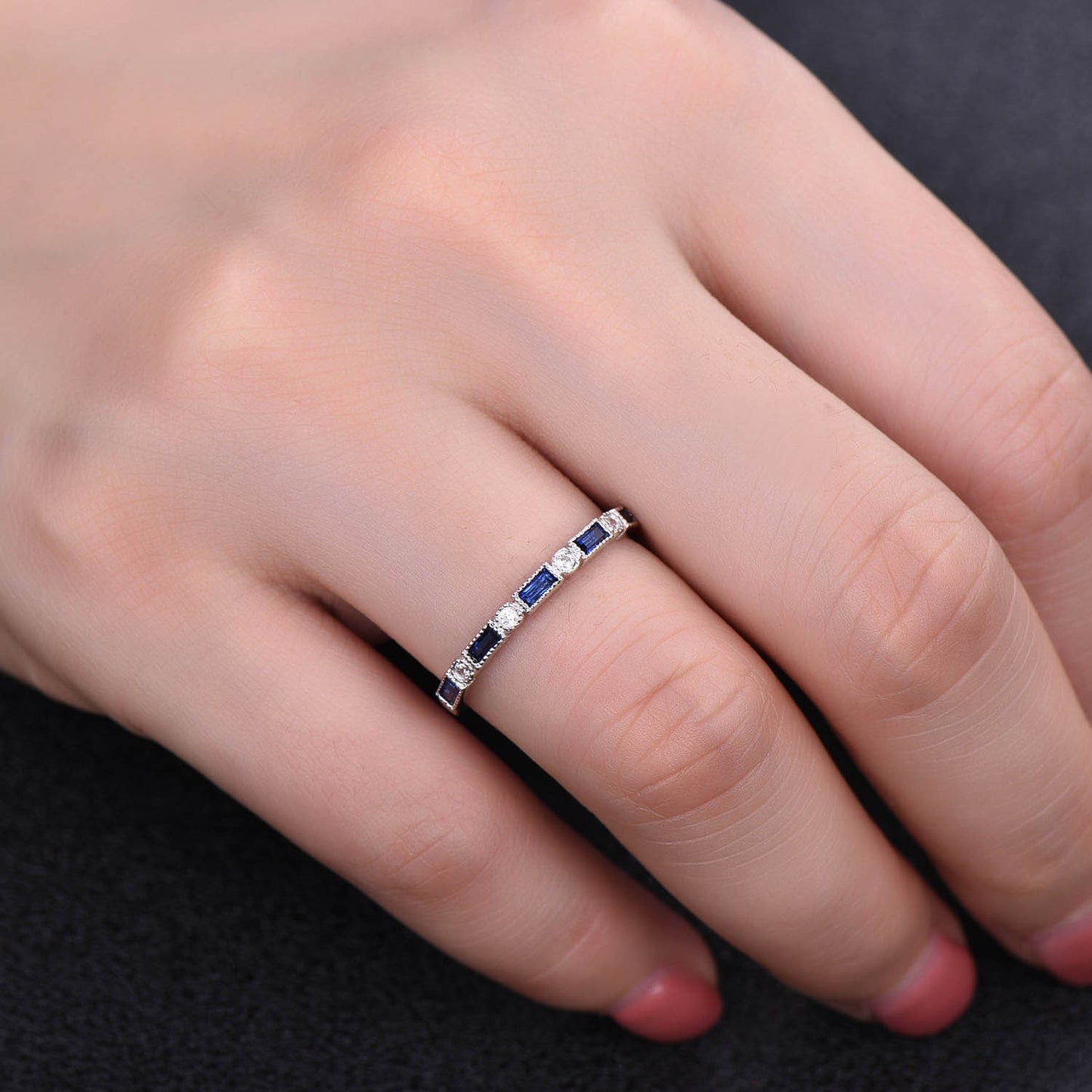 Sapphire Ring, Baguette Sapphire Wedding Ring, September Birthstone Ring, Minimalist Ring, Stacking Ring, Silver Vintage Ring, White Gold