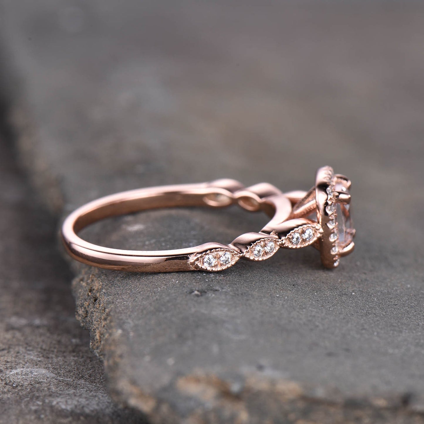 Rose Gold Morganite Ring, Cushion Morganite Engagement Ring, Halo Ring, Art deco wedding Band, Promise Ring, Anniversary Ring, Bridal Ring
