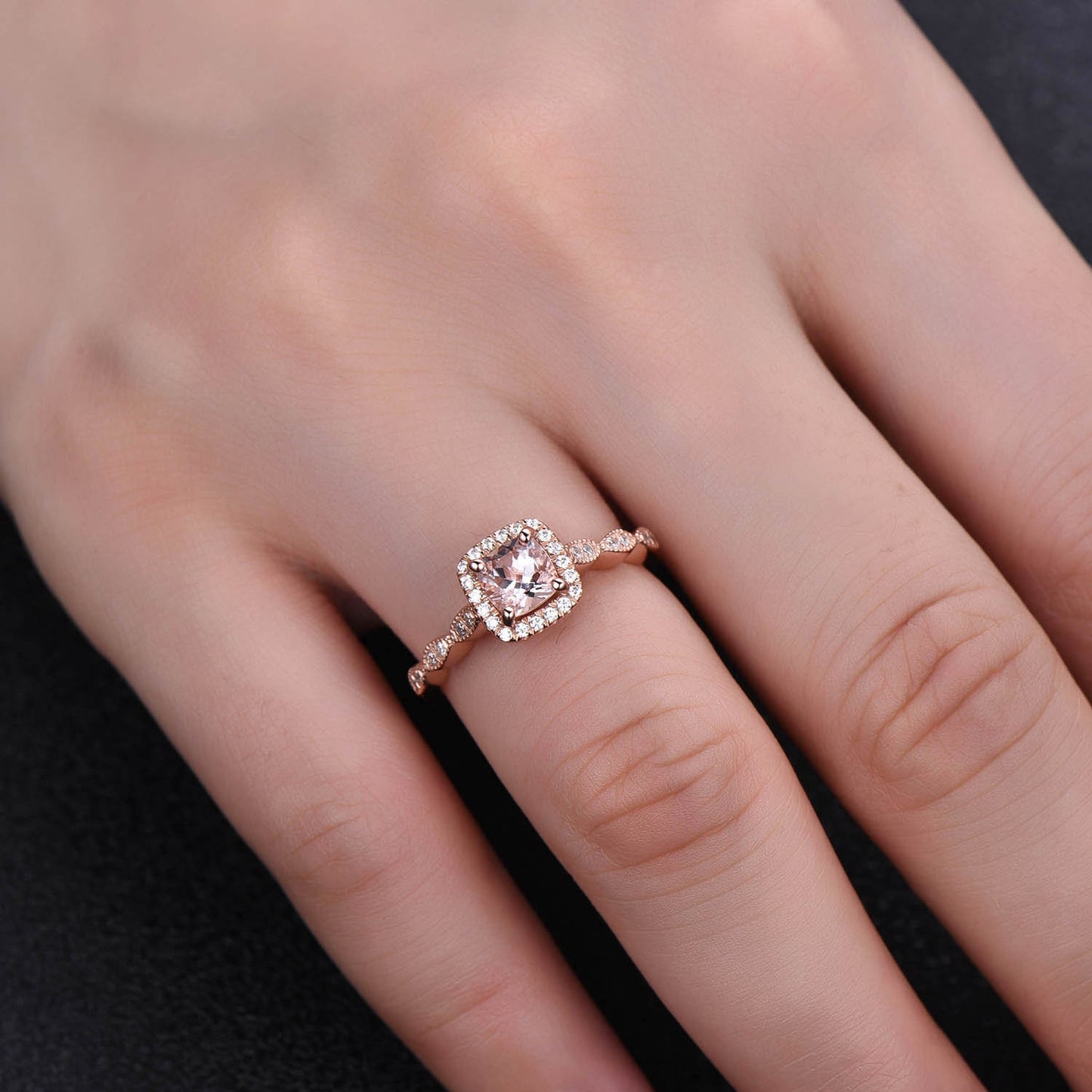 Rose Gold Morganite Ring, Cushion Morganite Engagement Ring, Halo Ring, Art deco wedding Band, Promise Ring, Anniversary Ring, Bridal Ring