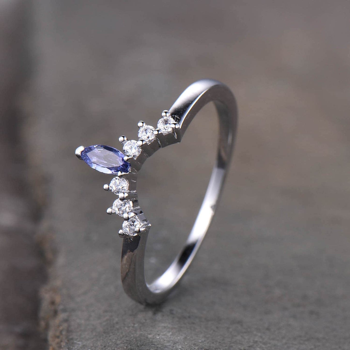 Tanzanite Ring, Sterling Silver Tanzanite Wedding Ring, Stacking Rings, Crown Curved Matching Band, Wedding Ring, Gold Ring, Stackable