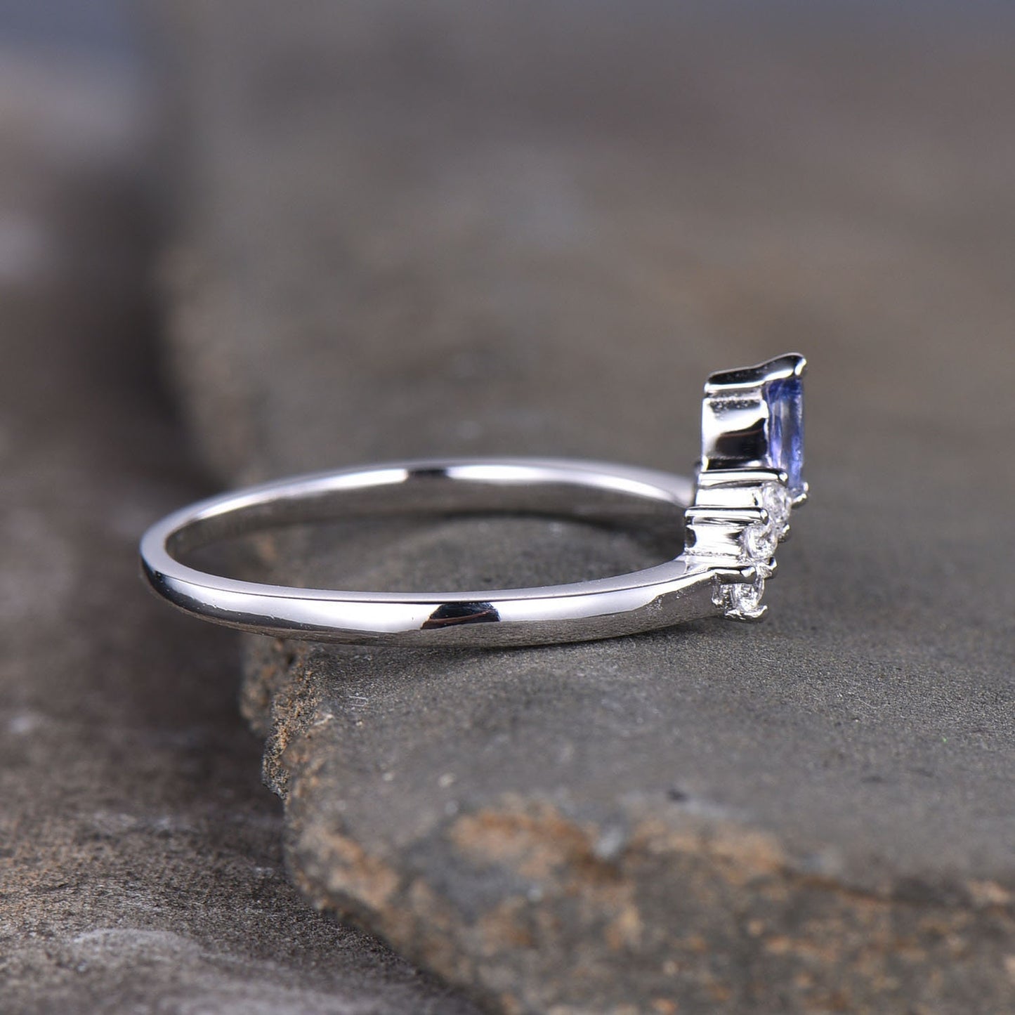 Tanzanite Ring, Sterling Silver Tanzanite Wedding Ring, Stacking Rings, Crown Curved Matching Band, Wedding Ring, Gold Ring, Stackable