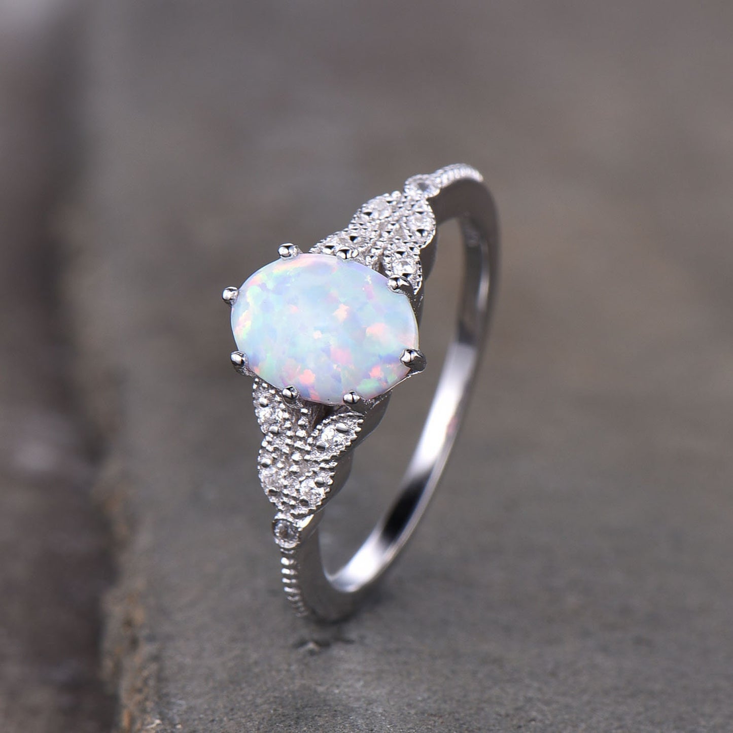 Oval Opal Ring, Vintage Opal Engagement Ring, White Opal Silver Jewelry, Gold Opal Ring, Women's Opal Ring, October Birthstone