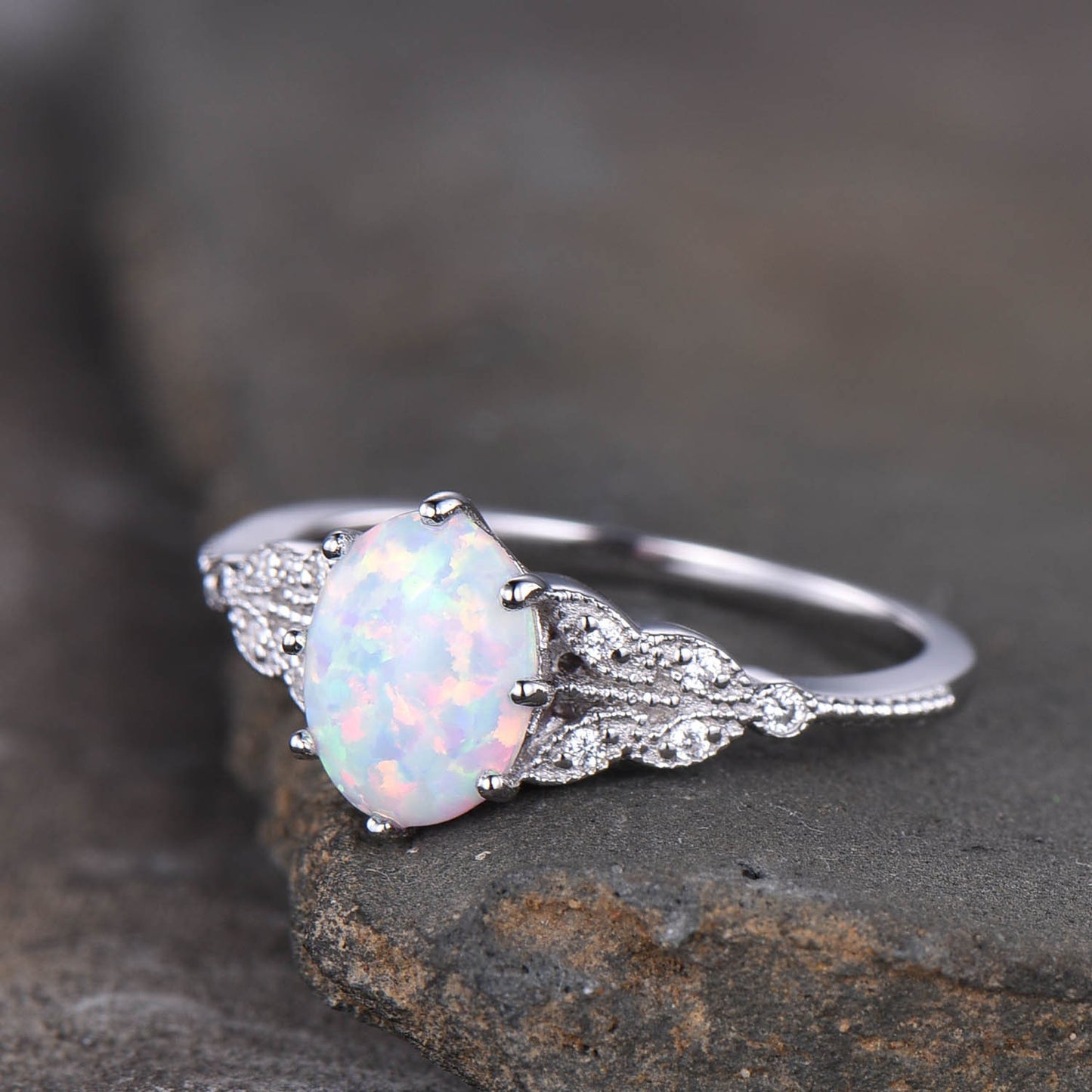 Oval Opal Ring, Vintage Opal Engagement Ring, White Opal Silver Jewelry, Gold Opal Ring, Women's Opal Ring, October Birthstone