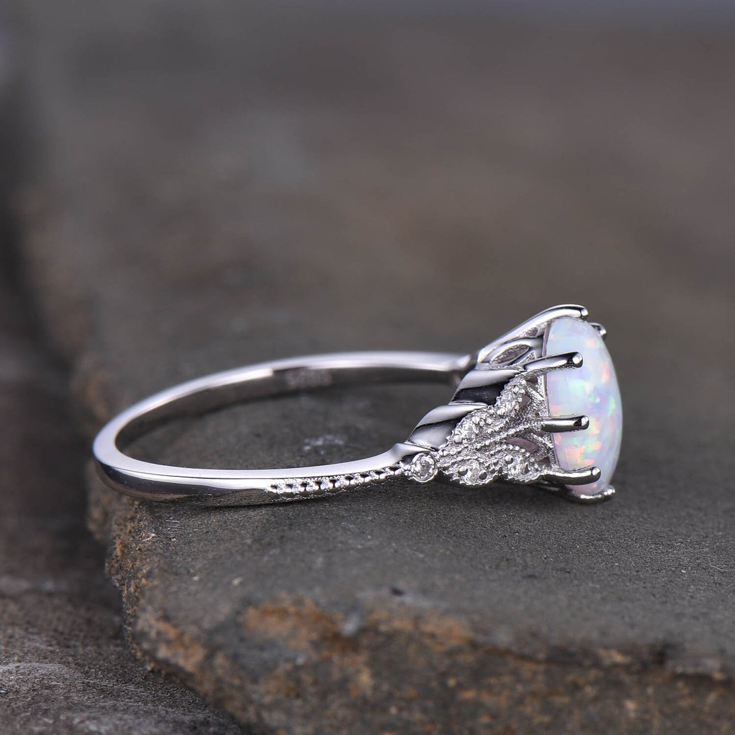 Oval Opal Ring, Vintage Opal Engagement Ring, White Opal Silver Jewelry, Gold Opal Ring, Women's Opal Ring, October Birthstone