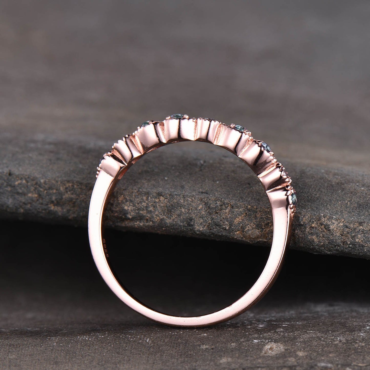 Alexandrite Ring, Art deco Half Eternity Band, Alexandrite Stacking Ring, June Birthstone Ring, Rose Gold Dainty Ring, Gift for her