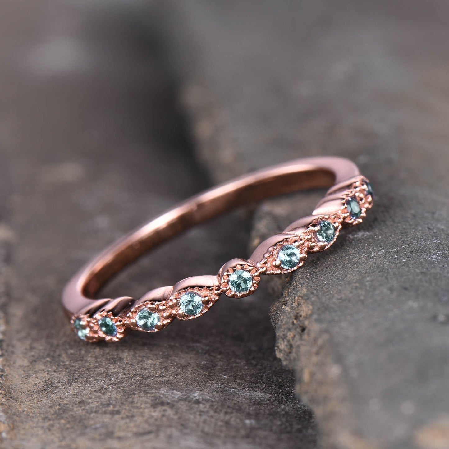 Alexandrite Ring, Art deco Half Eternity Band, Alexandrite Stacking Ring, June Birthstone Ring, Rose Gold Dainty Ring, Gift for her