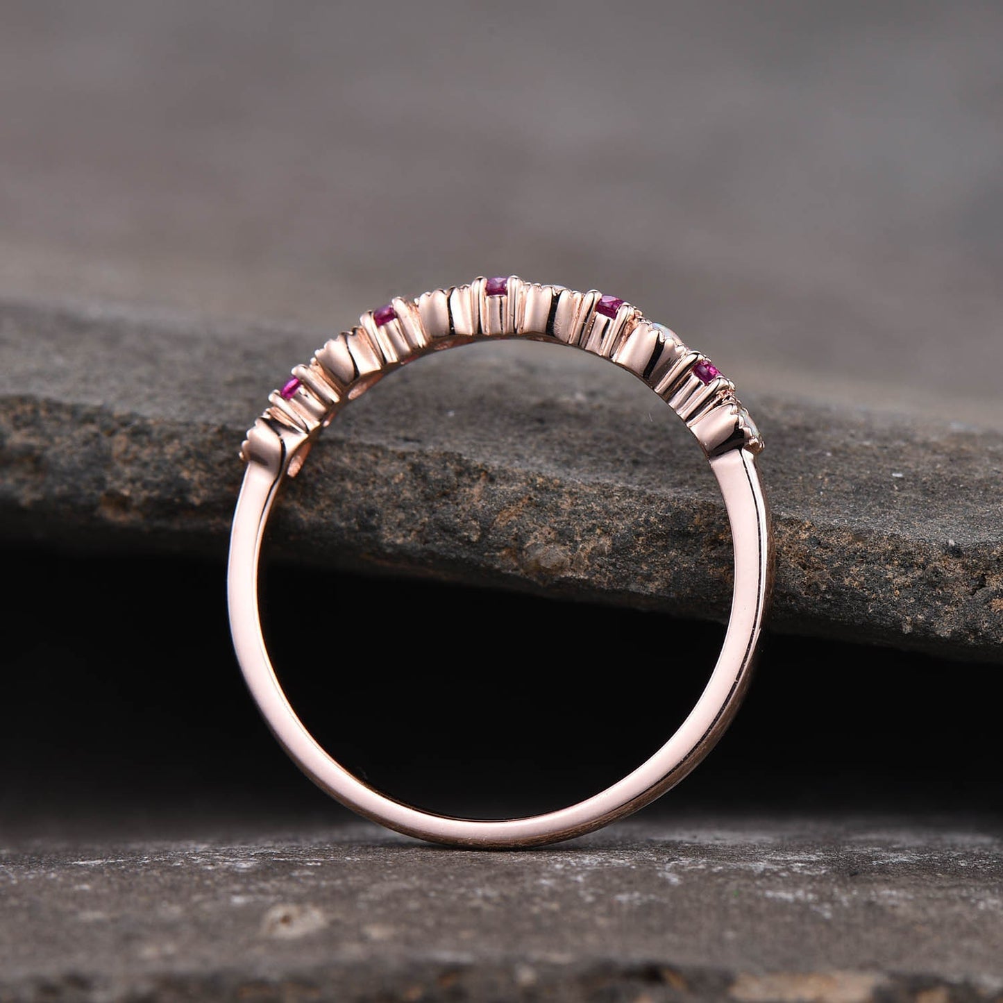 Opal Ruby Wedding Ring Rose Gold Dainty Opal Ring July Birthstone Half Eternity Stacking Ring Everyday Ring Sterling Silver Gift For Her