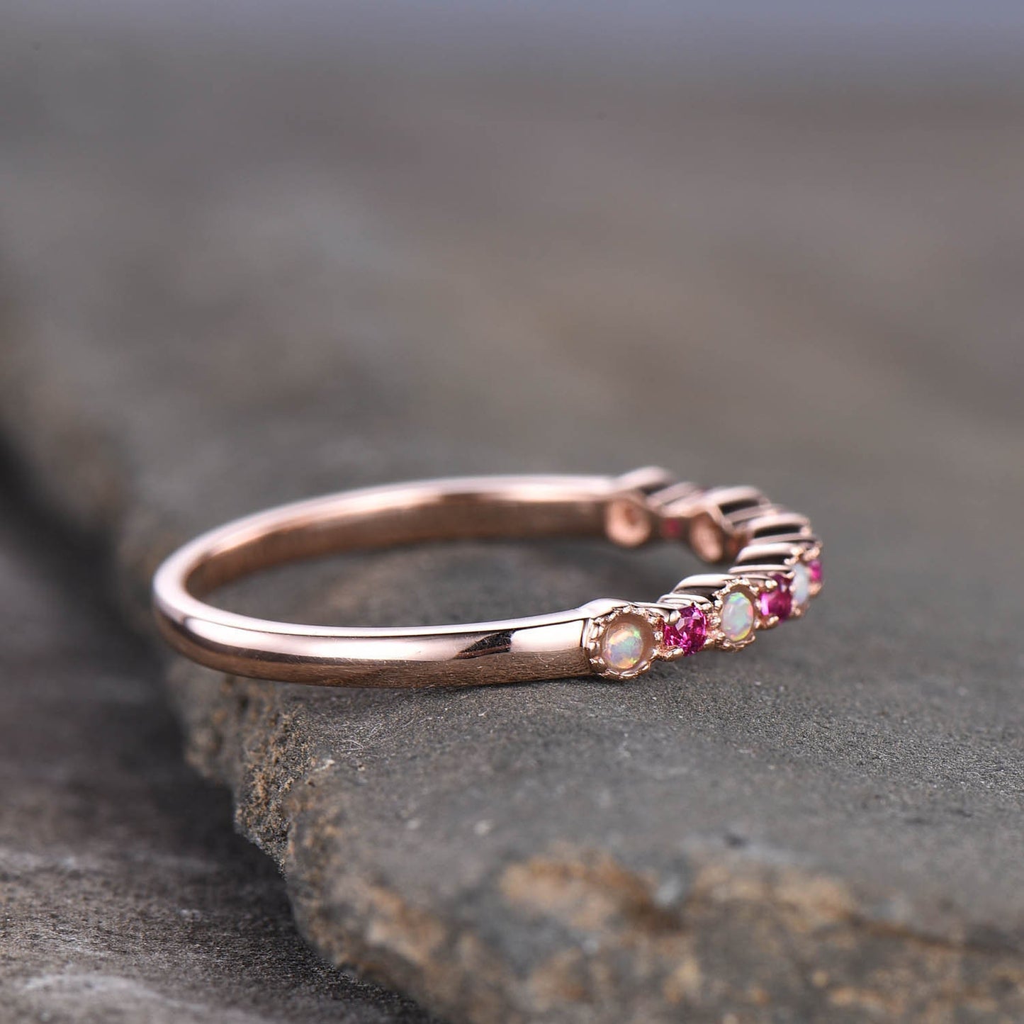 Opal Ruby Wedding Ring Rose Gold Dainty Opal Ring July Birthstone Half Eternity Stacking Ring Everyday Ring Sterling Silver Gift For Her
