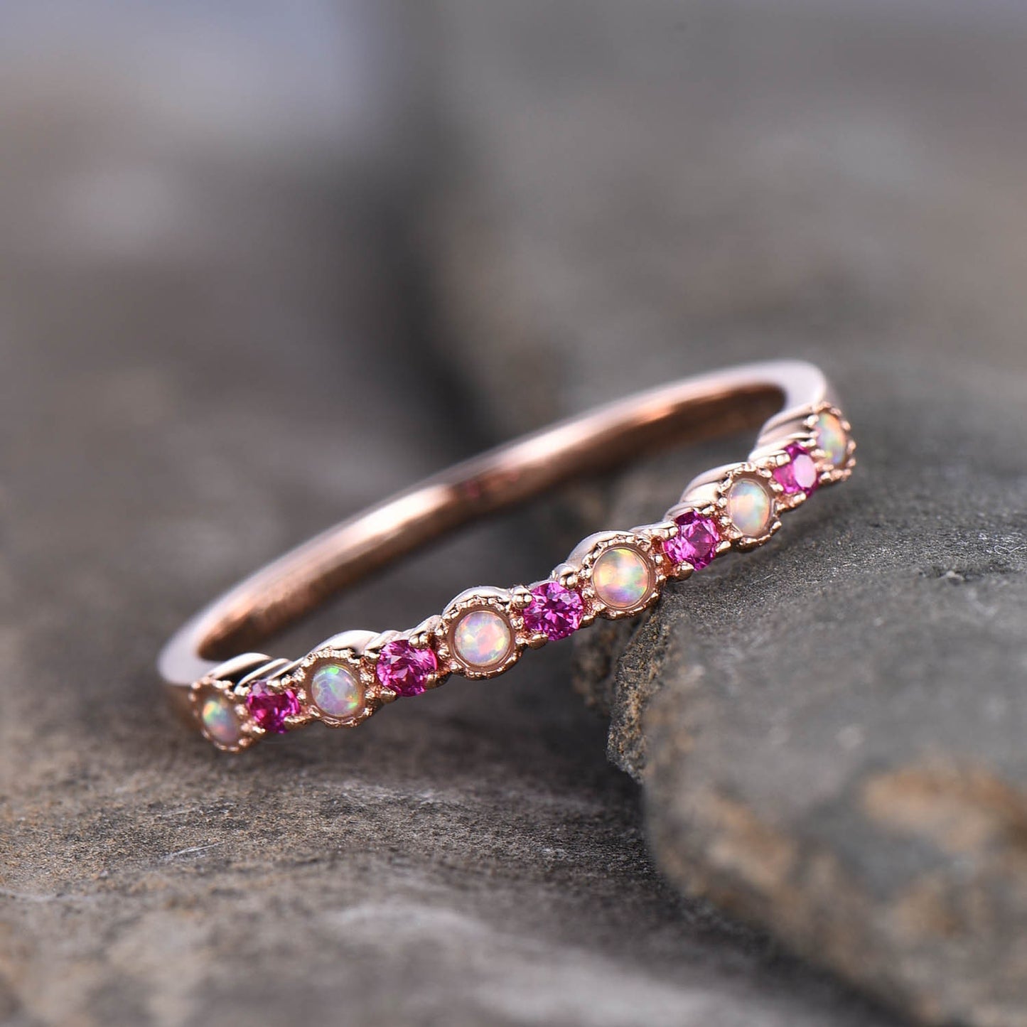 Opal Ruby Wedding Ring Rose Gold Dainty Opal Ring July Birthstone Half Eternity Stacking Ring Everyday Ring Sterling Silver Gift For Her