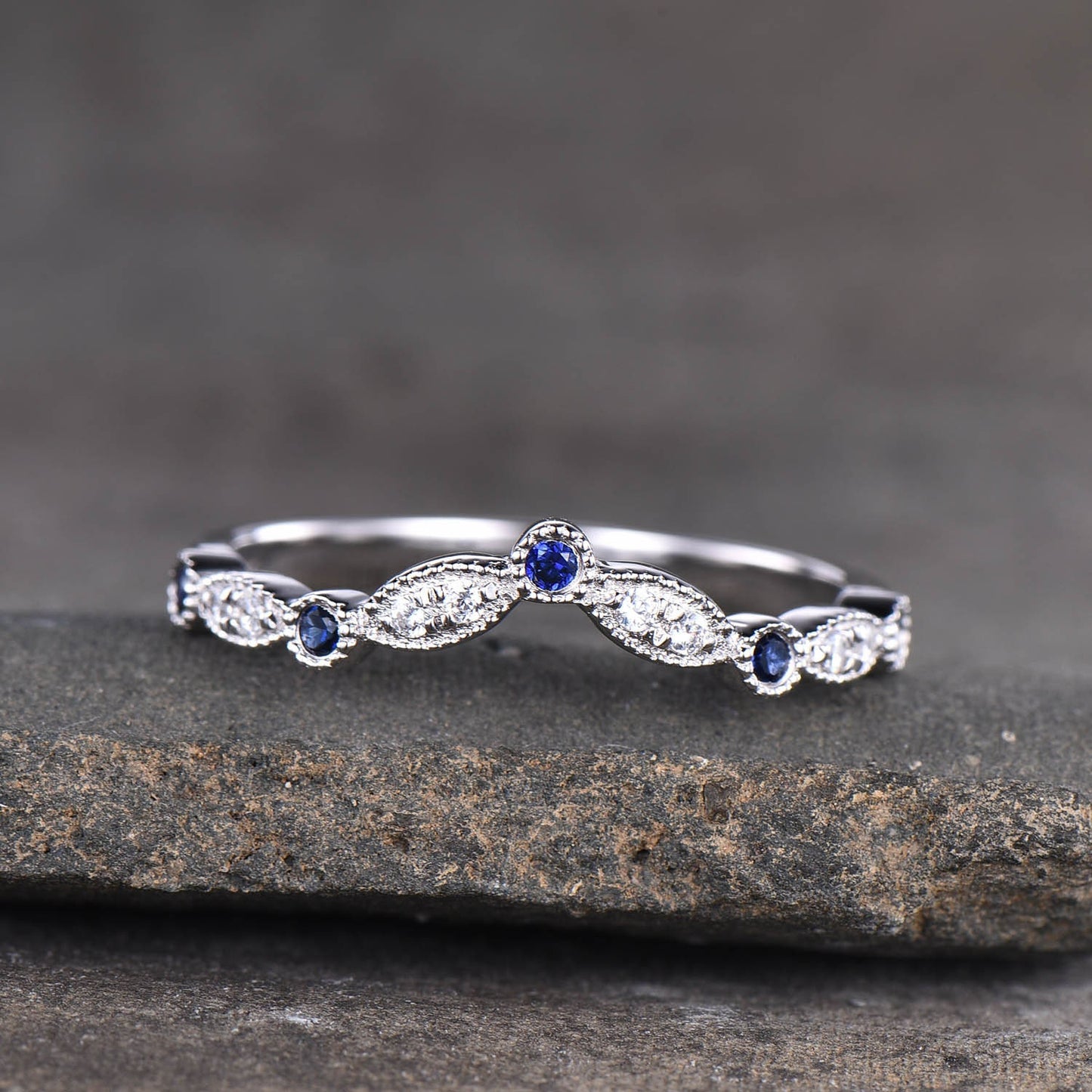 Curve Wedding Ring Art Deco Wedding Band Blue Sappire Band CZ V Ring Stacking Matching Band Silver Rose Gold Plated Milgrain Marquise Ring